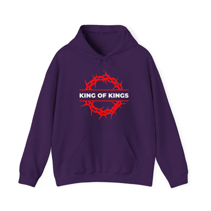 Purple "King of Kings Crown of Thorns" Orthodox Christian hoodie, featuring a red crown of thorns and bold KING OF KINGS text, inspired by Revelation 19:16 where Christ is hailed as the King of Glory.