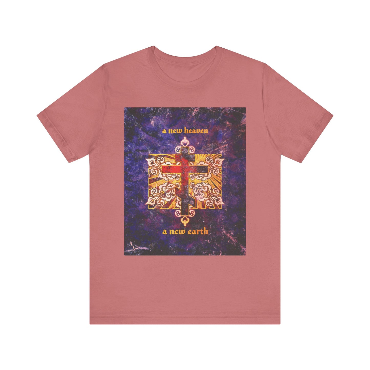 A New Heaven/A New Earth | Red Orthodox Cross on Textured Ornate Background | Apocalyptic | Orthodox Lightweight Cotton Unisex Tee