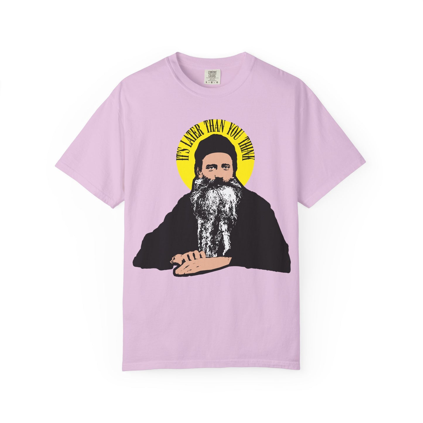 Orchid heavyweight cotton unisex tee featuring Fr. Seraphim Rose's quote "IT’S LATER THAN YOU THINK" in a yellow halo, honoring the modern American Orthodox saint.