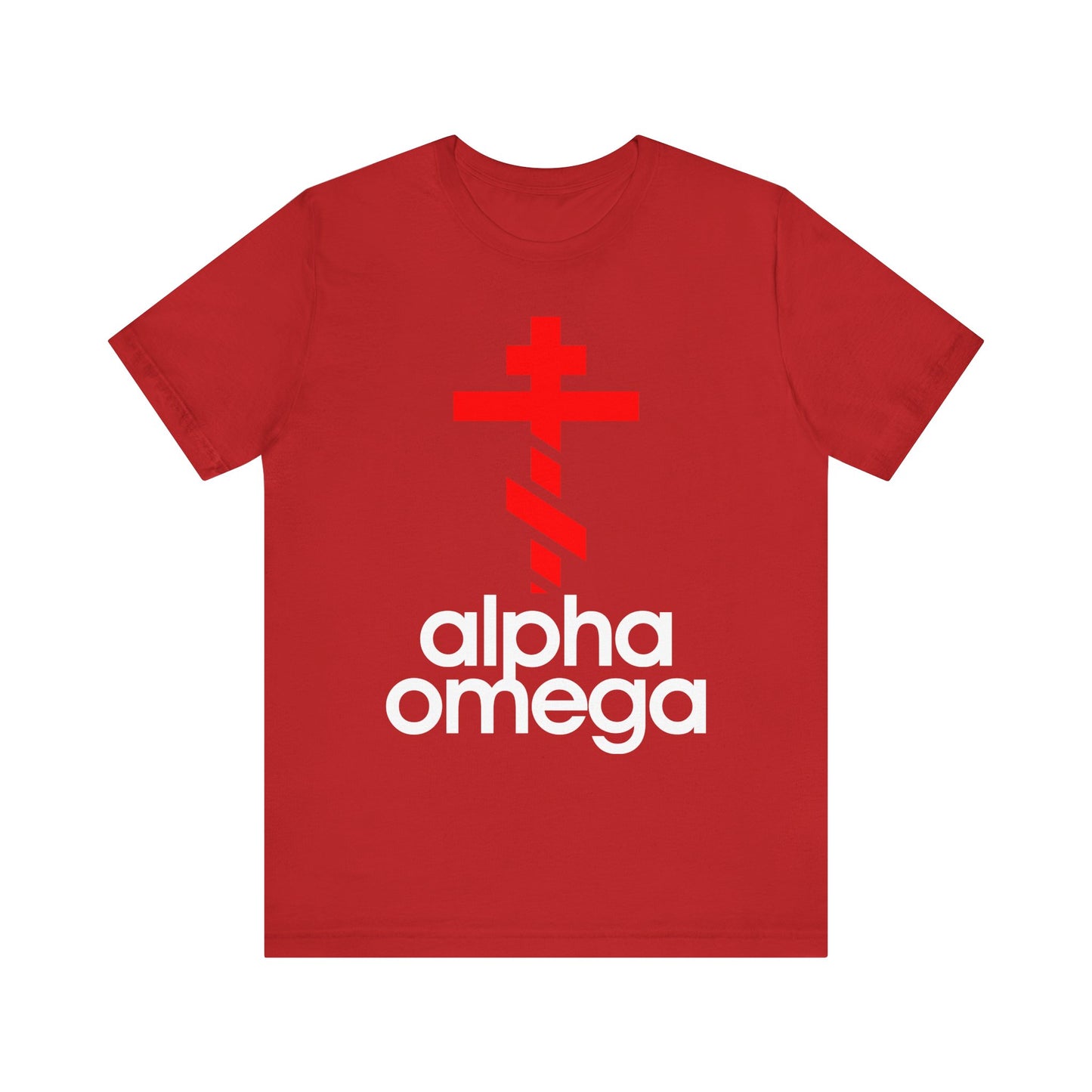 Alpha & Omega Red Orthodox Cross Tee—minimalist Adidas-inspired mashup with a bold cross above "alpha omega" text. Lightweight cotton, unisex fit. A striking red shirt symbolizing Orthodox Christian faith and prayer.