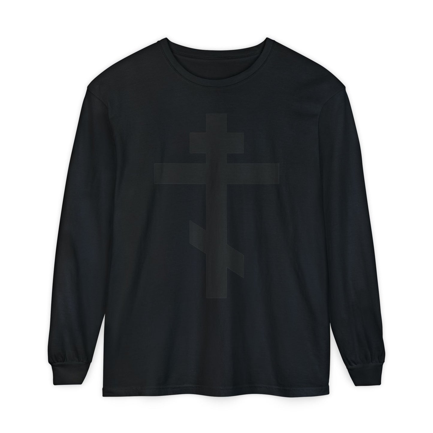 Black On Black Orthodox Cross | Preserve Thy People By Thy Cross, O Lord | Christ is King | Orthodox Long Sleeve Cotton Shirt