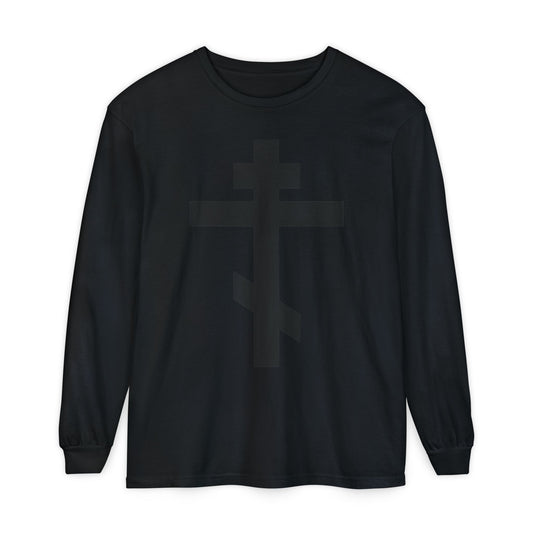 Black On Black Orthodox Cross | Preserve Thy People By Thy Cross, O Lord | Christ is King | Orthodox Long Sleeve Cotton Shirt