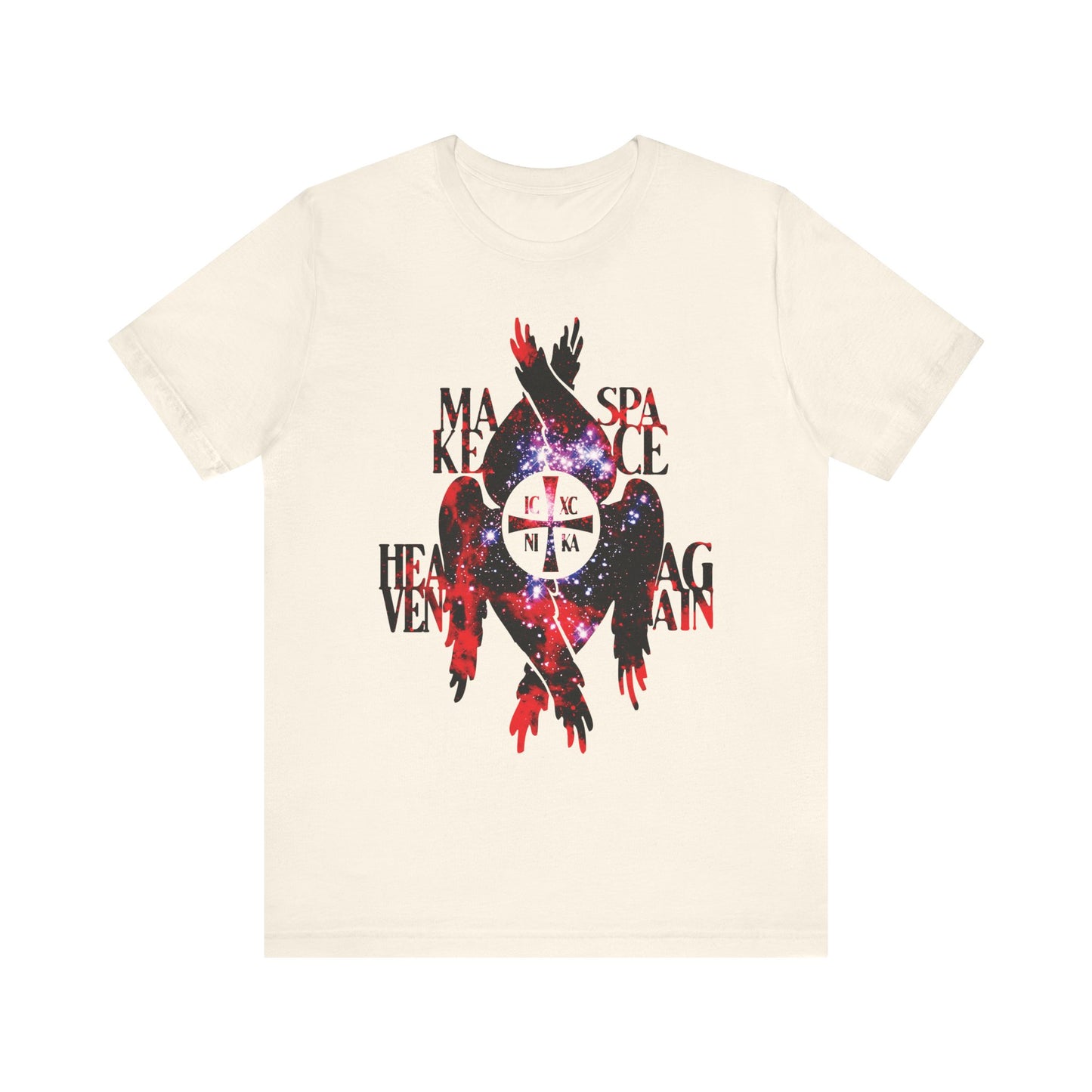 Natural t-shirt featuring the "Make Space Heaven Again" design—showcasing a cosmic-textured ICXC NIKA Cross, ethereal seraphim wings, and fragmented black text. This Orthodox Christian unisex cotton tee is inspired by celestial themes, echoing the creation of the heavens with subtle nods to angels and archangels throughout its design.