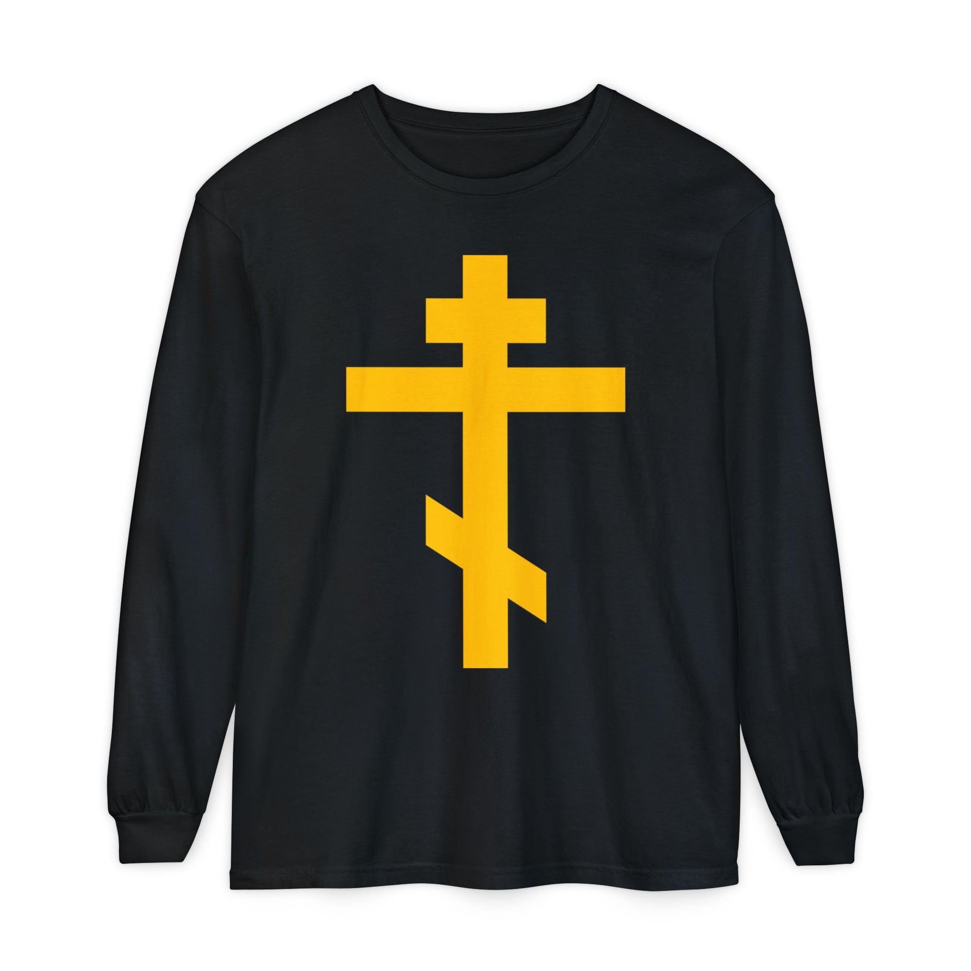Black long-sleeve cotton shirt featuring a bold yellow Orthodox cross, inspired by Galatians 2:20. Named "Precious and Life-Giving Weapon of Unseen Warfare | Scourge of Demons"—a powerful Christian statement piece.