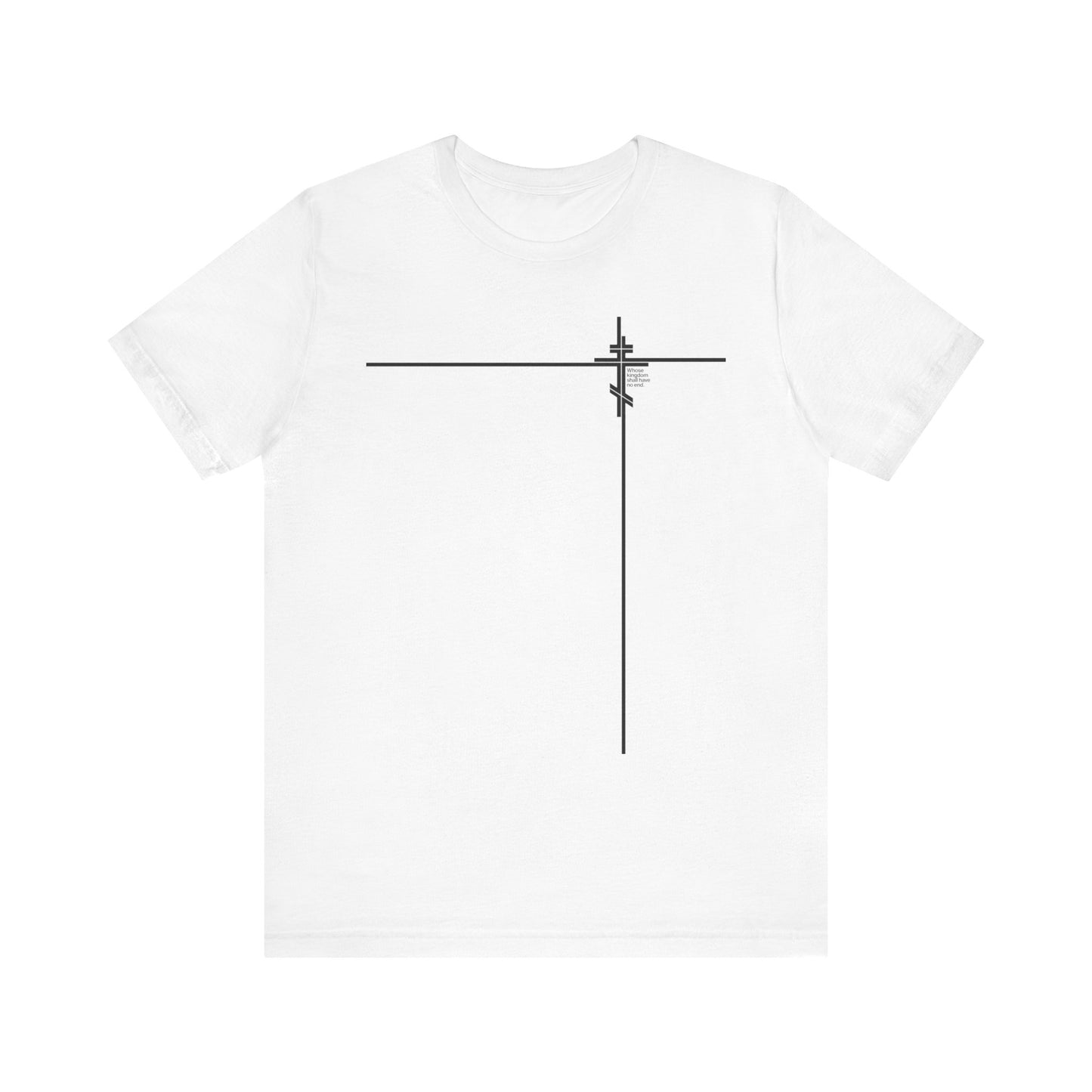White "Whose Kingdom Shall Have No End" t-shirt in soft cotton, featuring a small minimalist Orthodox Cross and abstract, geometric linework on the chest—thoughtfully designed to evoke timeless Orthodox doctrine and inspired by Luke 1:32-33.