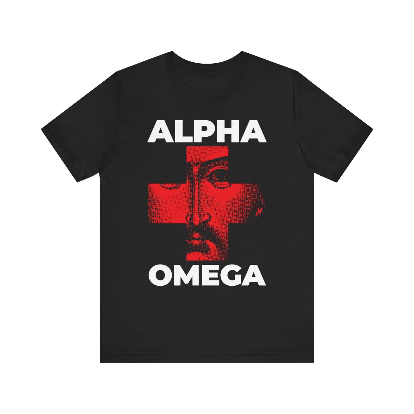 Black lightweight cotton unisex tee featuring “I Am The Alpha + The Omega, The Beginning + The End (Rev 1:8)” text, Christ’s face in a red cross icon-graphic—nod to God’s names.