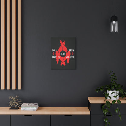 A modern room with dark walls, light wood shelves, and the "Holy Holy Holy Lord of Sabaoth Red Seraphim Wings Orthodox Crosses" Christian canvas art inspired by Isaiah 6:3 displayed on the wall.