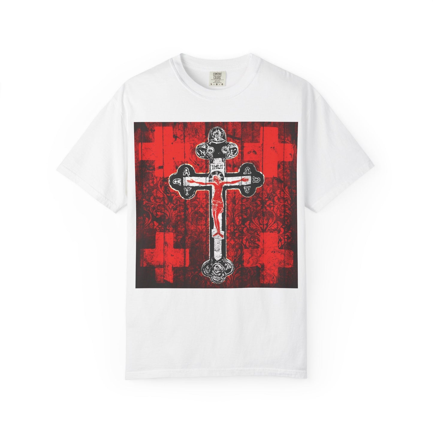 Certainly! Here’s the rewritten sentence using your product data: White “Alpha & Omega Art Cross” heavyweight cotton unisex tee featuring a red, white, and black Jesus Christ Crucifix Orthodox iconographic design with ornate crosses inspired by the Adoration of the Precious and Life-Giving Cross during Great Lent.