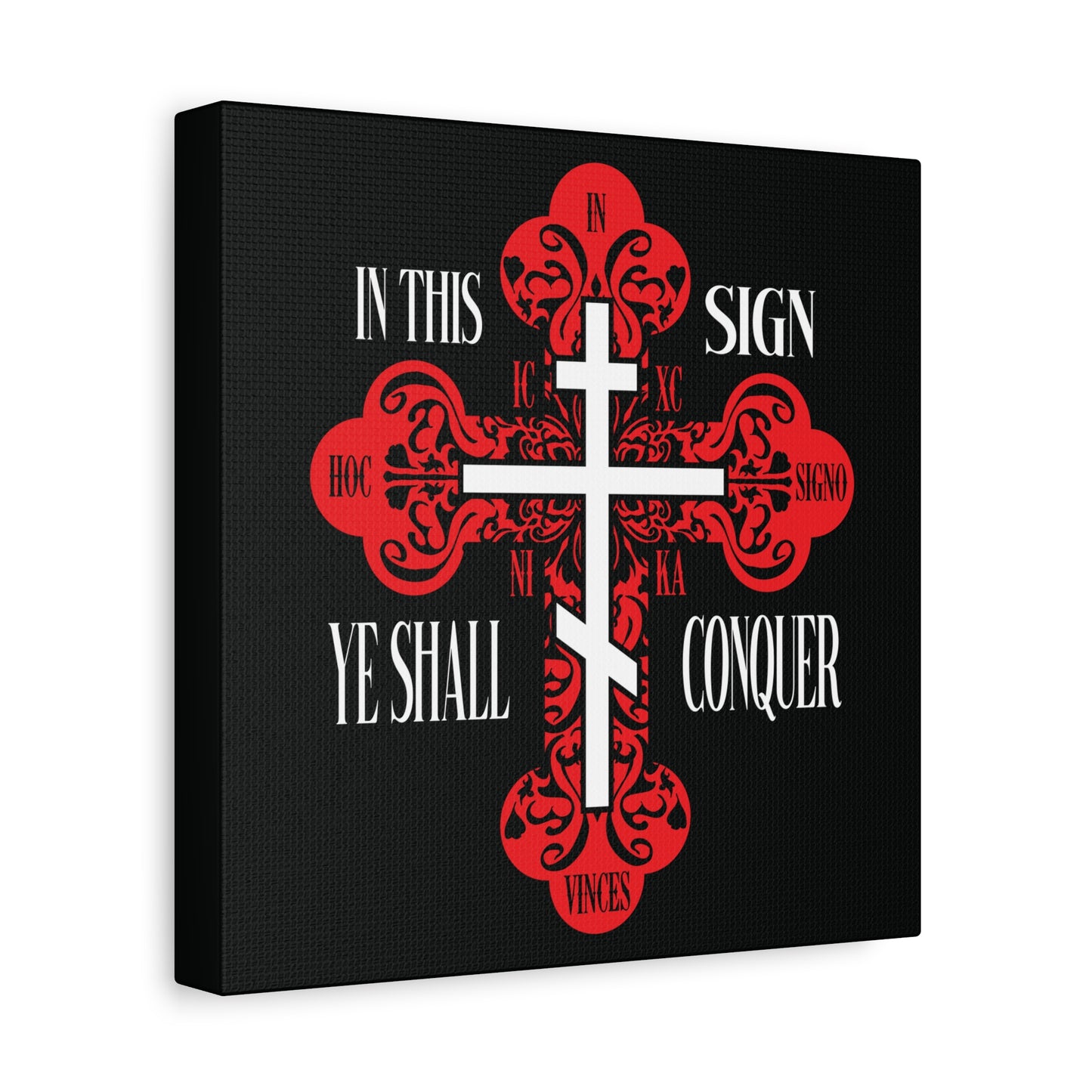 The "In This Sign Ye Shall Conquer" wall art features a red ornate Orthodox cross with "ICXC NIKA" and "In Hoc Signo Vinces"—a bold Christian symbol of victory by Jesus Christ.