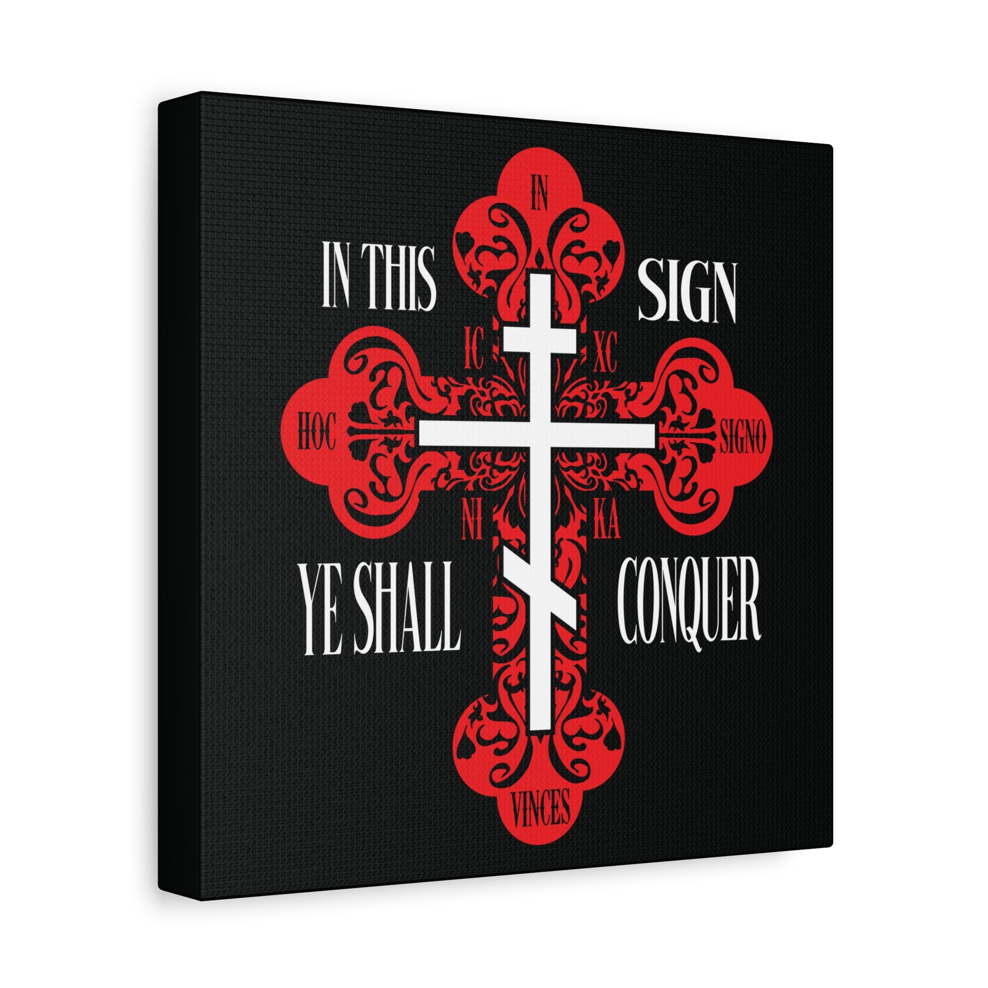 The "In This Sign Ye Shall Conquer" wall art features a red ornate Orthodox cross with "ICXC NIKA" and "In Hoc Signo Vinces"—a bold Christian symbol of victory by Jesus Christ.