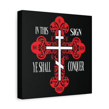The "In This Sign Ye Shall Conquer" wall art features a red ornate Orthodox cross with "ICXC NIKA" and "In Hoc Signo Vinces"—a bold Christian symbol of victory by Jesus Christ.