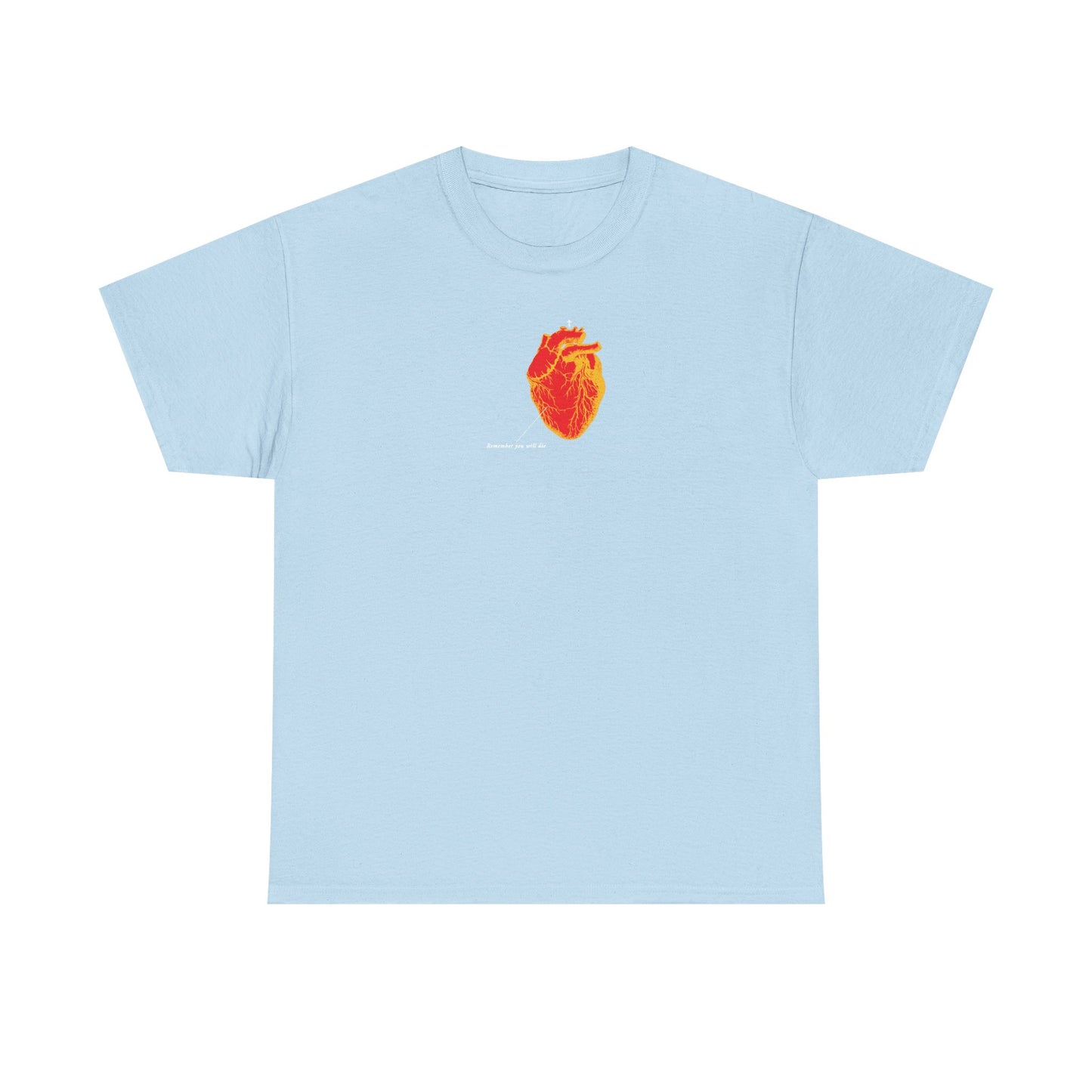 Light blue unisex tee featuring a red and orange antique medical textbook heart design. "Remember You Will Die" memento mori theme inspired by Christian symbolism. Midweight cotton for comfort.