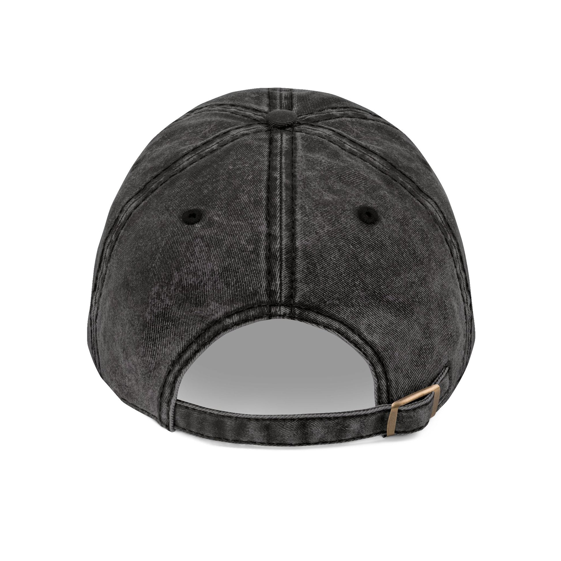 Back view of the Simple Yellow Orthodox TriBar Cross cap, a minimalist black distressed embroidered hat with adjustable strap and metal buckle, featuring a subtle cross as a symbol of faith in Jesus.