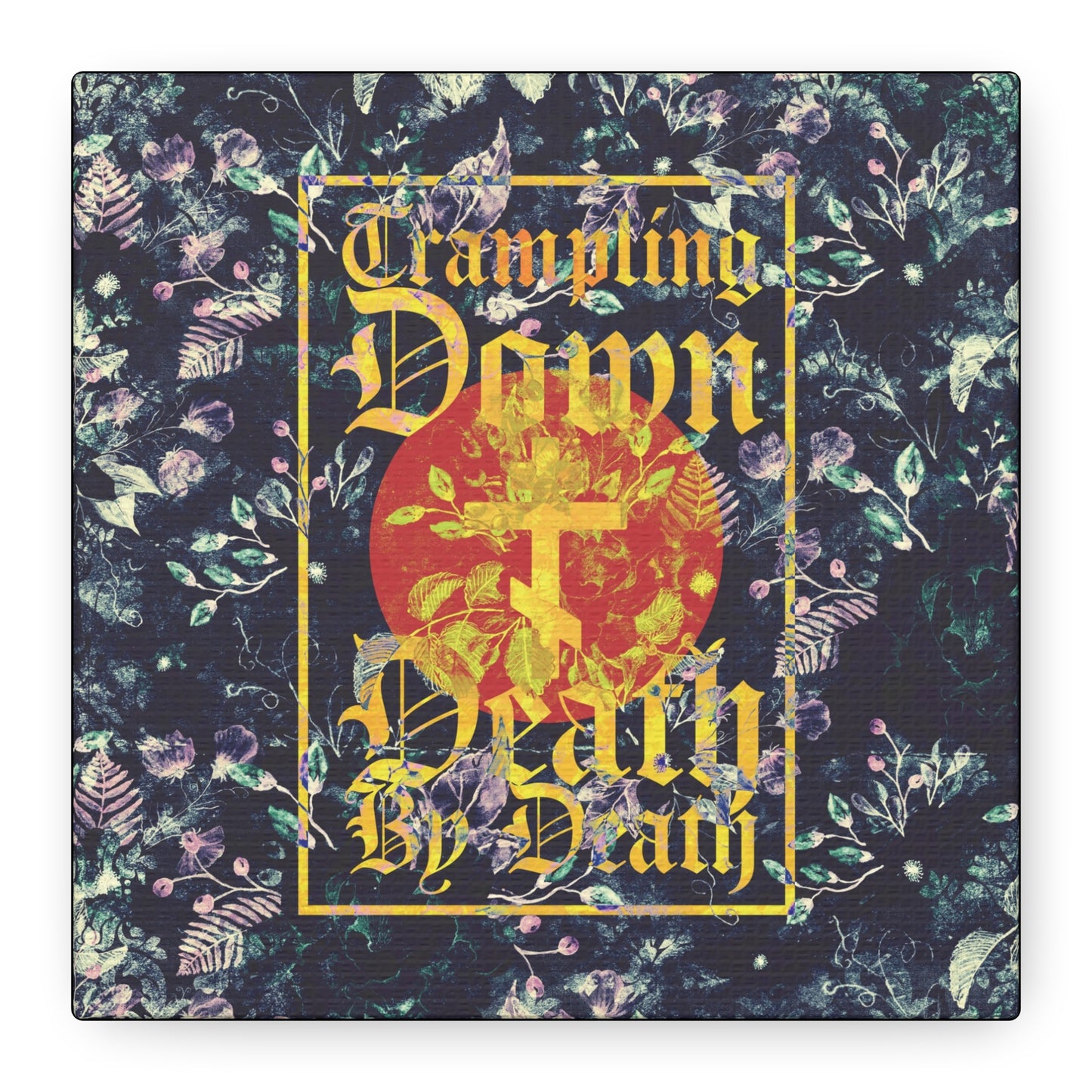 Trampling Down Death By Death | Paschal Floral Design with Gothic Script and Three-Bar Cross | Orthodox Christian Canvas Art