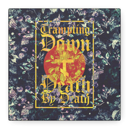 Trampling Down Death By Death | Paschal Floral Design with Gothic Script and Three-Bar Cross | Orthodox Christian Canvas Art