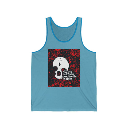 To Live is Christ To Die is Gain (Phil 1:21) | Skull with Cross on Red Floral Texture | Orthodox Christian Jersey Tank Top / Sleeveless Shirt