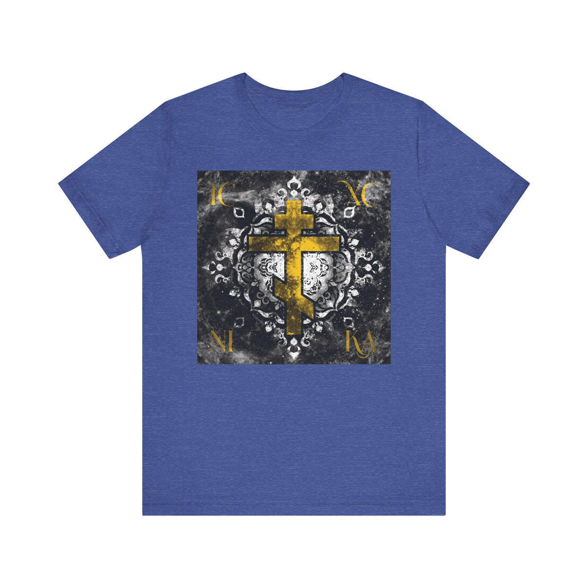 Gold ICXC NIKA Orthodox Cross on a grayscale ornate floral textured background—a lightweight unisex cotton tee honoring Orthodox Christian tradition and the passion of Christ.