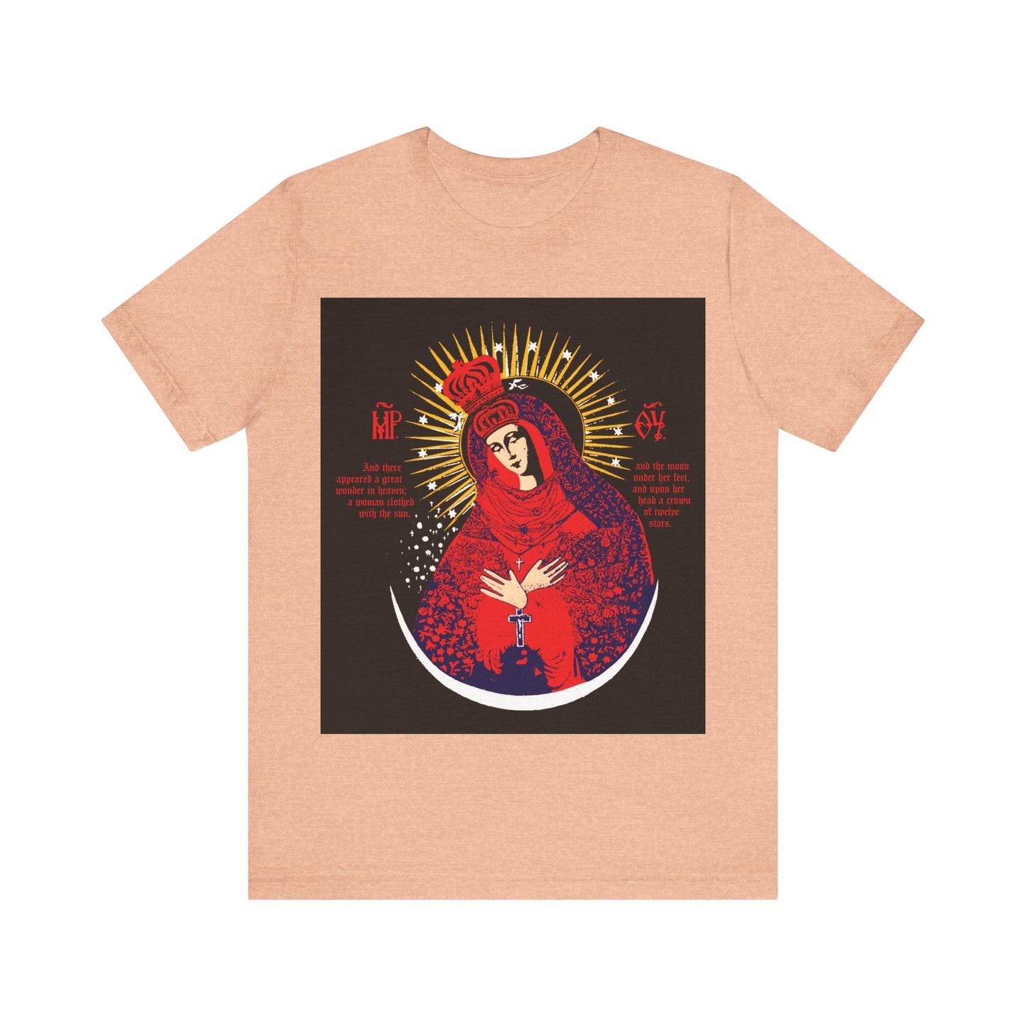 Heather Peach t-shirt featuring the "Our Lady the Gate of Dawn Icono-Graphic" design, with Theotokos crowned as Woman of the Apocalypse in red, blue & gold on soft cotton. Orthodox-inspired icon art.
