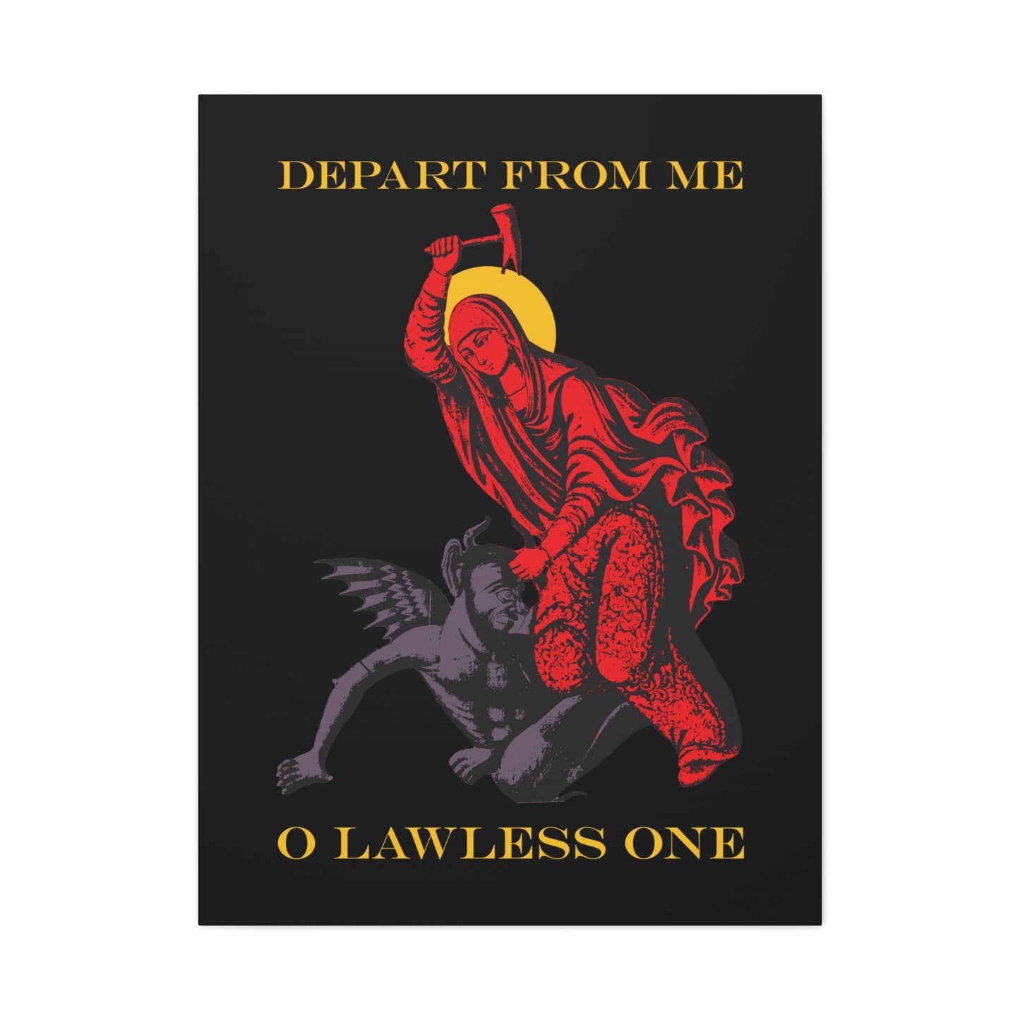 St Marina IconoGraphic (Depart from Me O Lawless One) | Saint Beating the Devil with a Hammer | Orthodox Christian Canvas Art