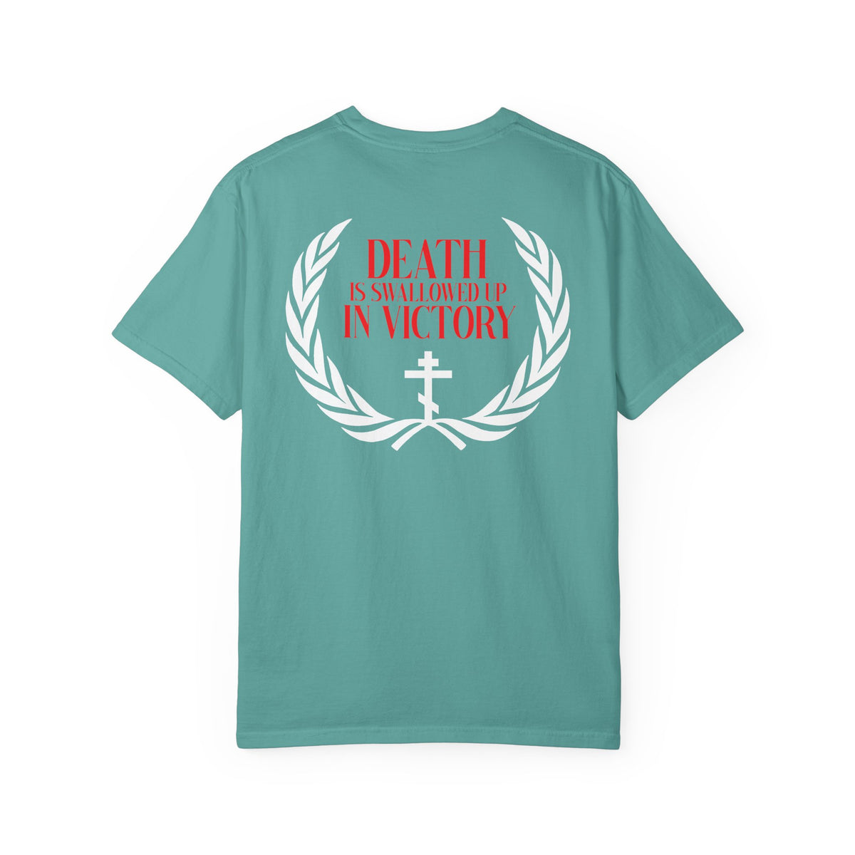 Archangel Michael of the Apocalypse Iconographic / Death is Swallowed Up In Victory DOUBLE-SIDED Heavyweight Cotton Orthodox Unisex Tee—features a teal design with a white laurel, cross, and bold red “DEATH IS SWALLOWED UP IN VICTORY” text on the back, inspired by Revelation 12 and the Miracle of Archangel Michael.