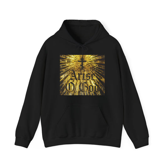 Black “Arise O God” hoodie featuring Psalm 81 (82 LXX) in textured Gothic font, Orthodox cross, and golden rays—expressing the Divine Council worldview. Orthodox Christian design.