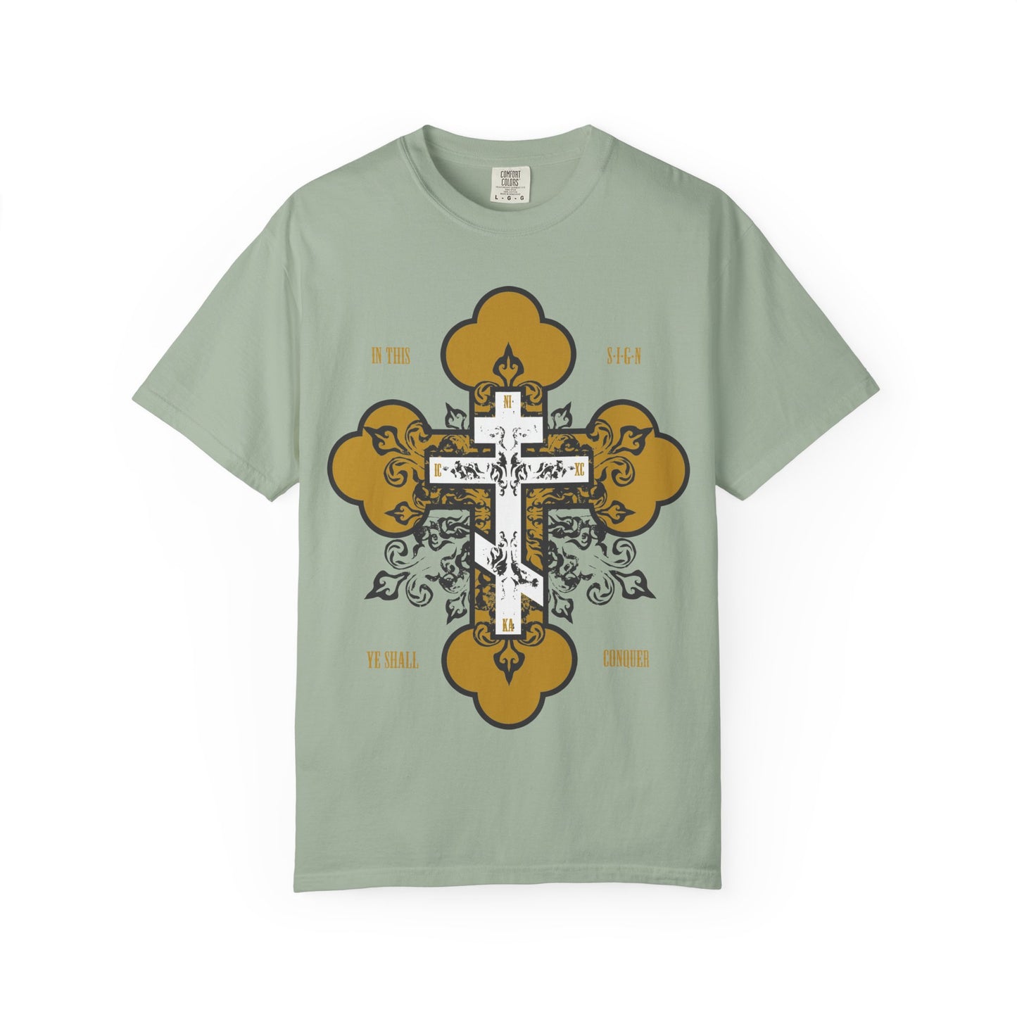 Introducing the "In This Sign Ye Shall Conquer" heavyweight cotton unisex tee—a bay-colored shirt featuring a striking gold and white Orthodox ornate cross with the empowering phrase IN THIS SIGN YE SHALL CONQUER. Perfect for those seeking Christian inspiration and steadfast faith, much like designs inspired by St Joseph the Hesychast t-shirts.