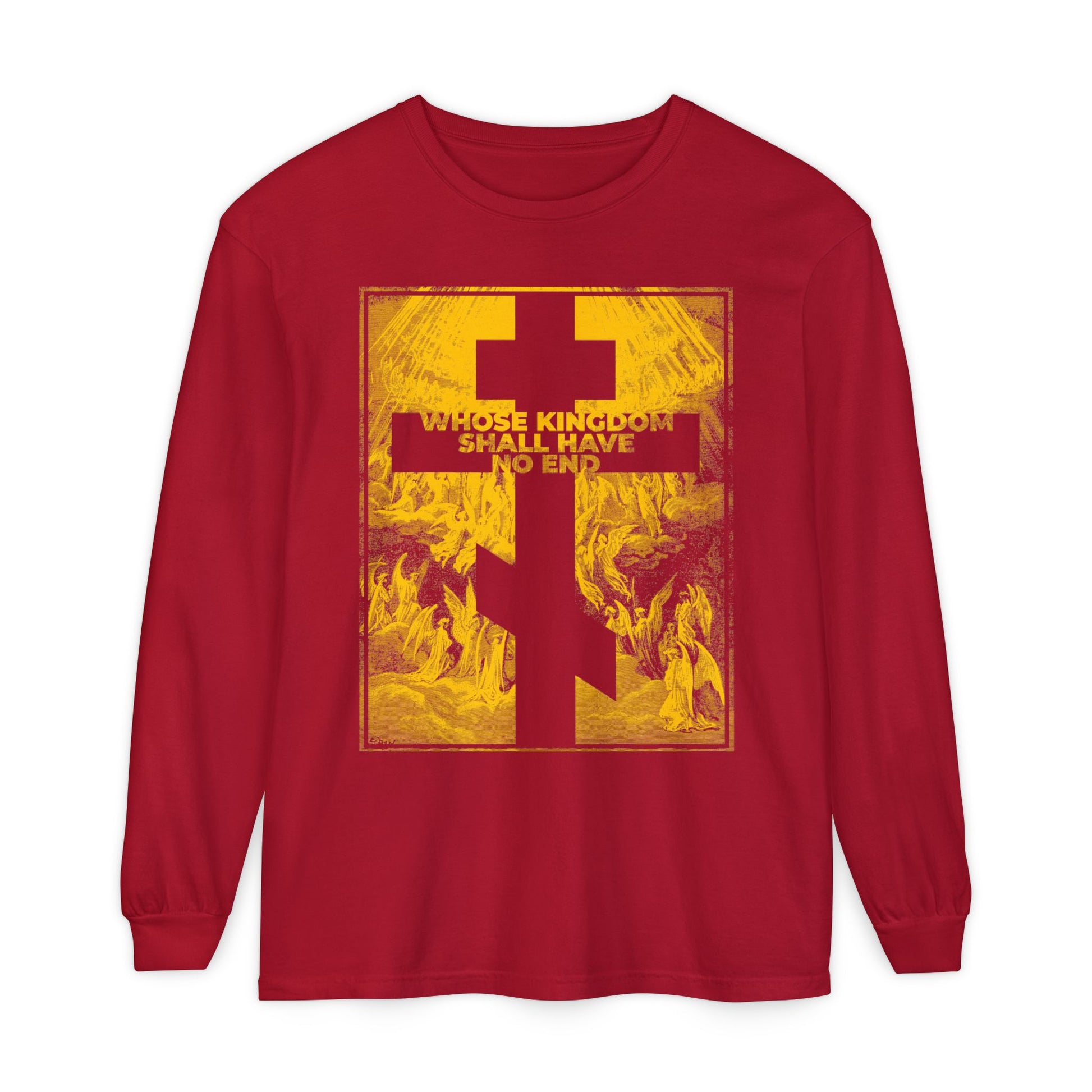 The "Whose Kingdom Shall Have No End" Orthodox red long-sleeve features a bold yellow cross, Nicene Creed text, and a Gustave Dore biblical etching—a striking statement of faith inspired by Revelation.