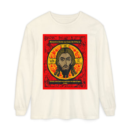 The Remembrance of Death "Made Without Hands (Mandylion/Image of Edessa)" long sleeve shirt features a red, black, and yellow Orthodox icon of Jesus Christ with Troparion Tone 2 text above and below the image.