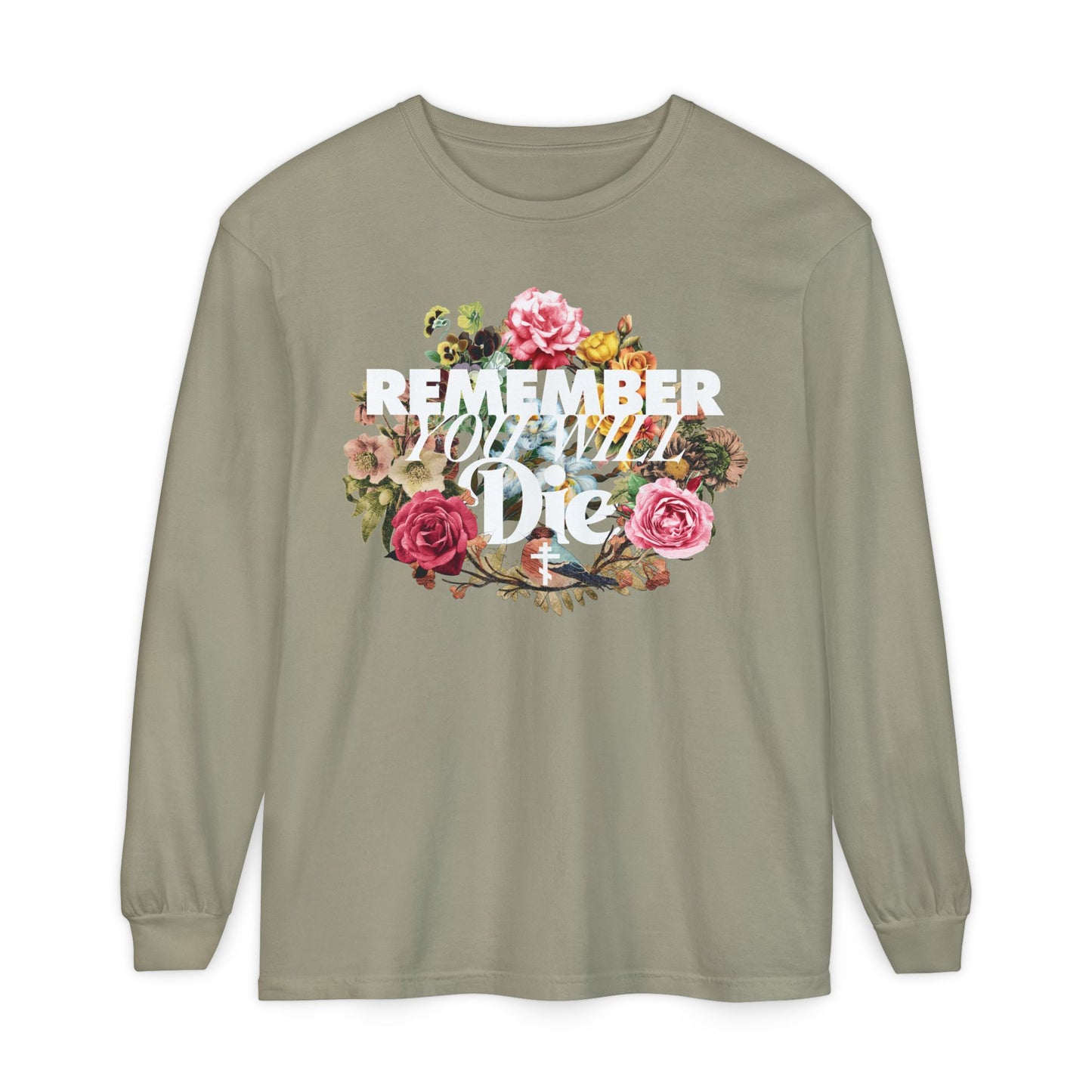 Sandstone long sleeve cotton shirt featuring "Remember You Will Die" classic typography and a floral wreath design, inspired by Orthodox memento mori tradition.