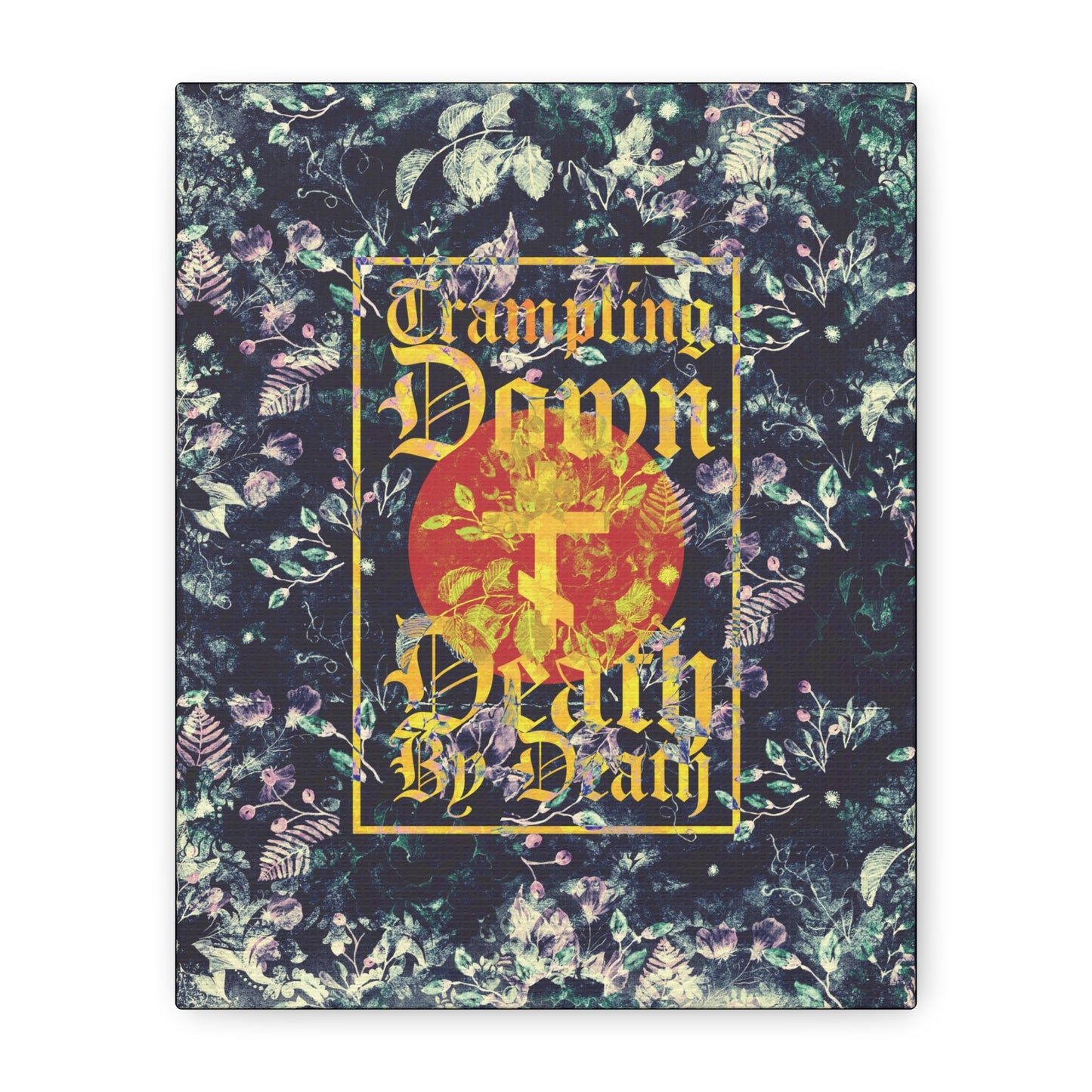 Trampling Down Death By Death | Paschal Floral Design with Gothic Script and Three-Bar Cross | Orthodox Christian Canvas Art
