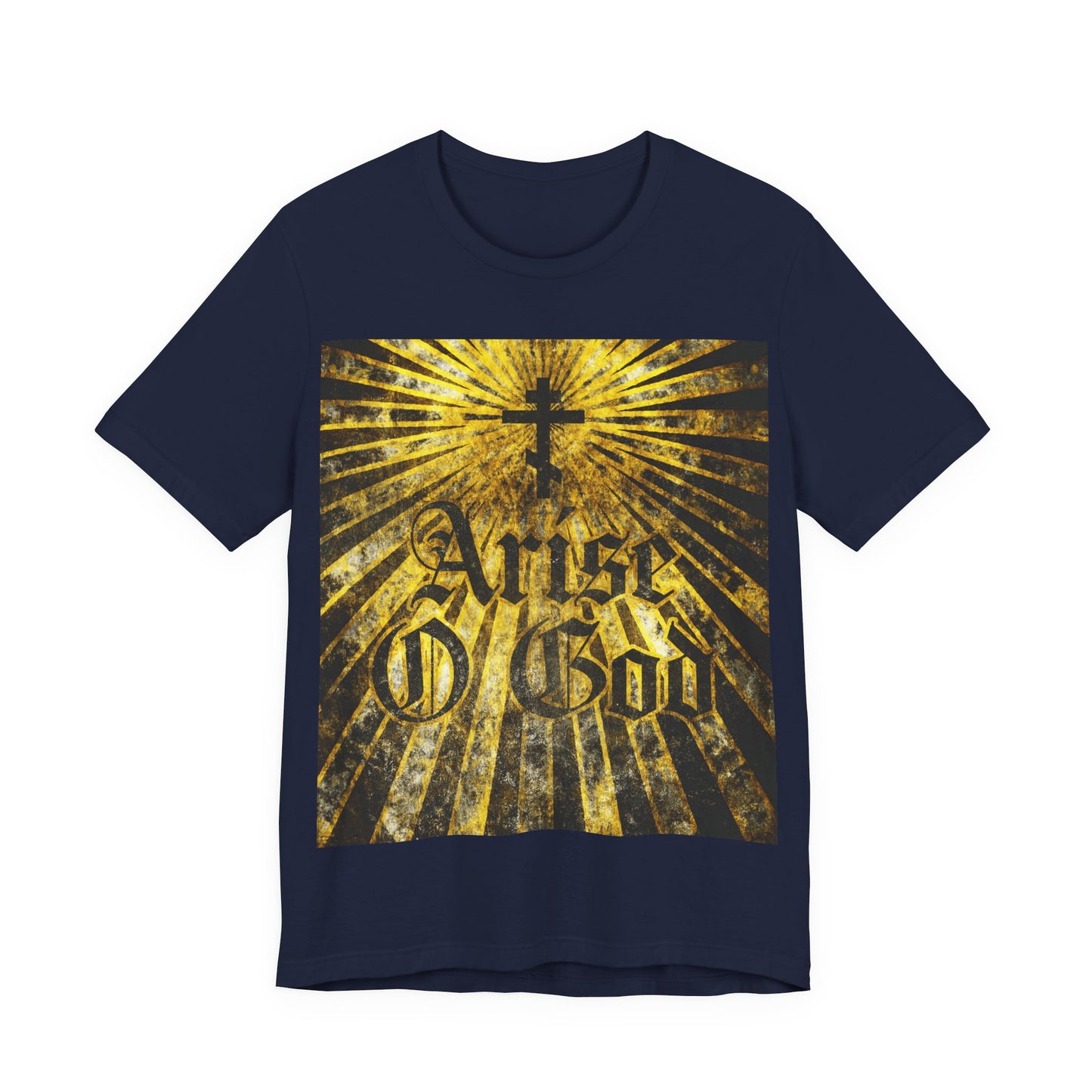 Navy "Arise O God" T-shirt featuring Psalm 81 (82 LXX) text in textured gothic font, an Orthodox cross, and golden rays—reflecting the Divine Council worldview and Orthodox Christian themes.