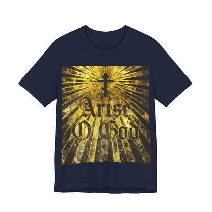 Navy "Arise O God" T-shirt featuring Psalm 81 (82 LXX) text in textured gothic font, an Orthodox cross, and golden rays—reflecting the Divine Council worldview and Orthodox Christian themes.