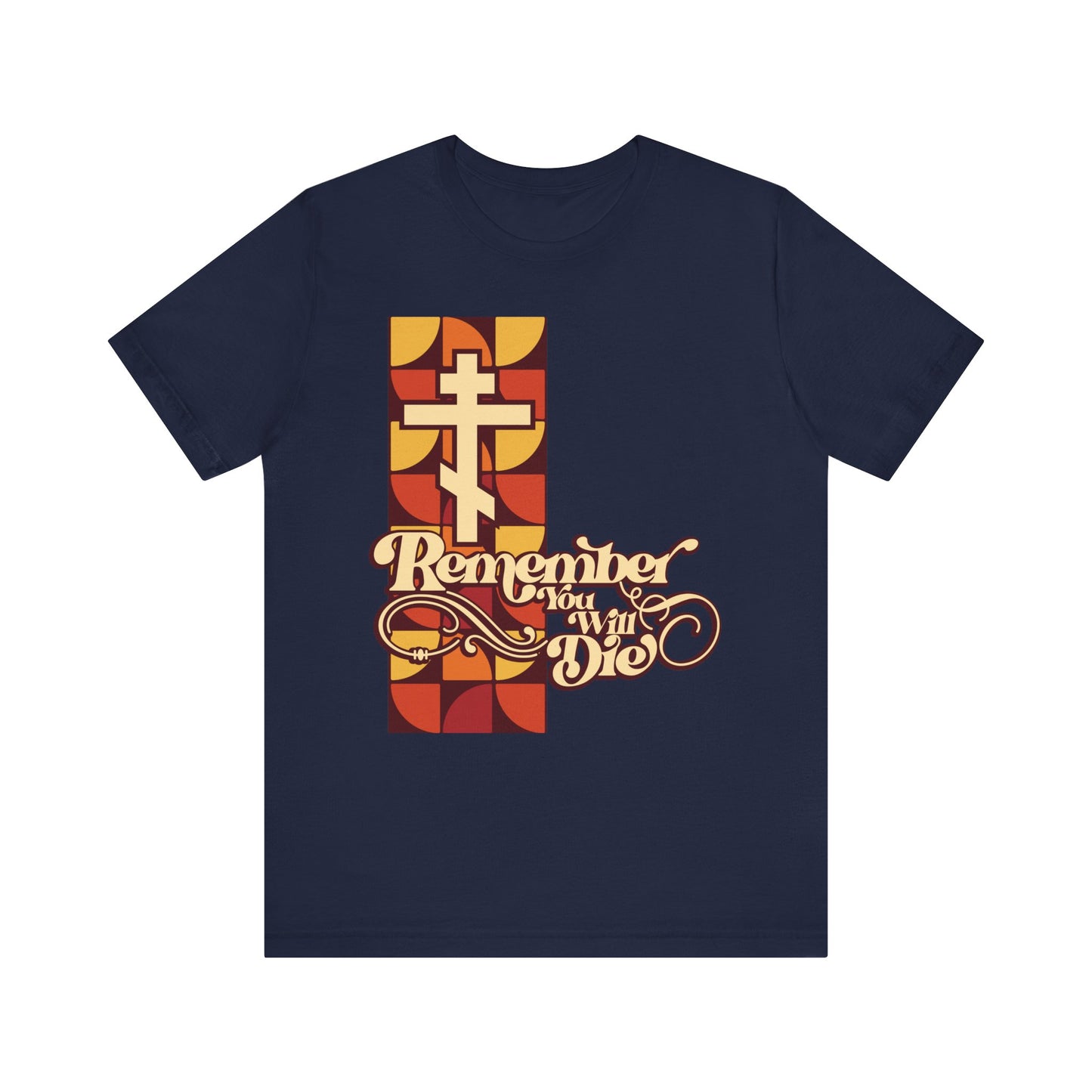Navy "Remember You Will Die RYWD 70's Design" Orthodox Christian lightweight cotton unisex tee, featuring beige, red, and yellow retro-inspired patterns with stylized "Remember You Will Die" lettering—a design evocative of the Triodion and reminiscent of the reflective mood found in Stichera for the Dead at Friday Vespers.