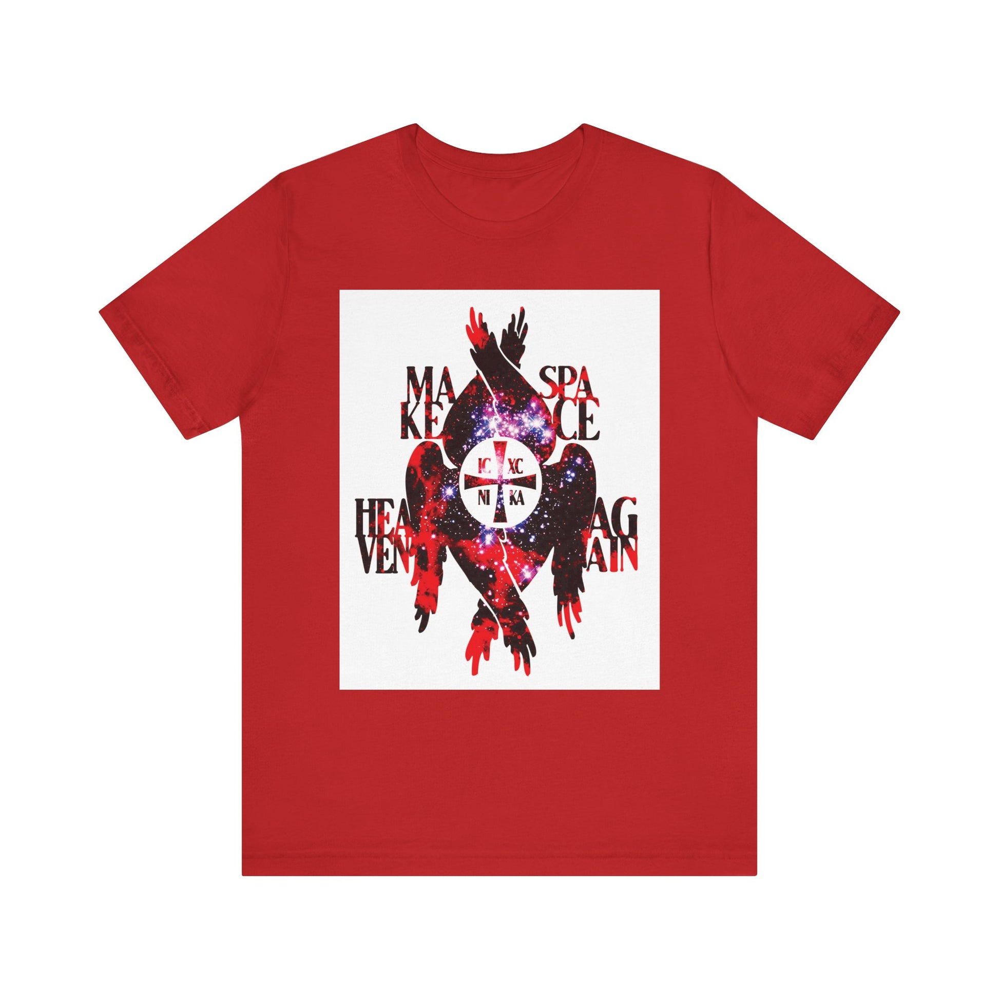 Red "Make Space Heaven Again" unisex lightweight cotton t-shirt, featuring cosmic textures, the ICXC NIKA cross, and seraphim wings—a design inspired by Orthodox Christian tradition and the celestial majesty of angels.