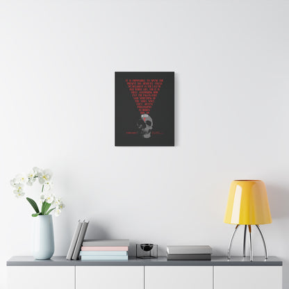 A sleek white console with decor, books, a yellow lamp, and "The Present Day As the Last Day of Our Life" canvas art—St John Climacus’s memento mori featuring a skull with a red Orthodox cross.