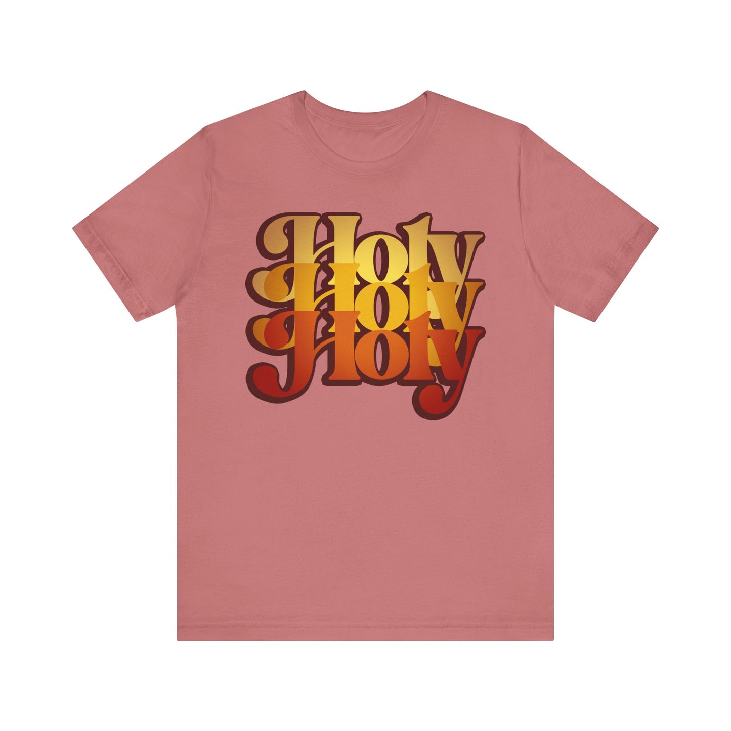 A mauve Holy Holy Holy Trisagion Liturgical Prayer t-shirt in 70s style, featuring bold yellow and orange lettering inspired by Isaiah 6, made of lightweight cotton.