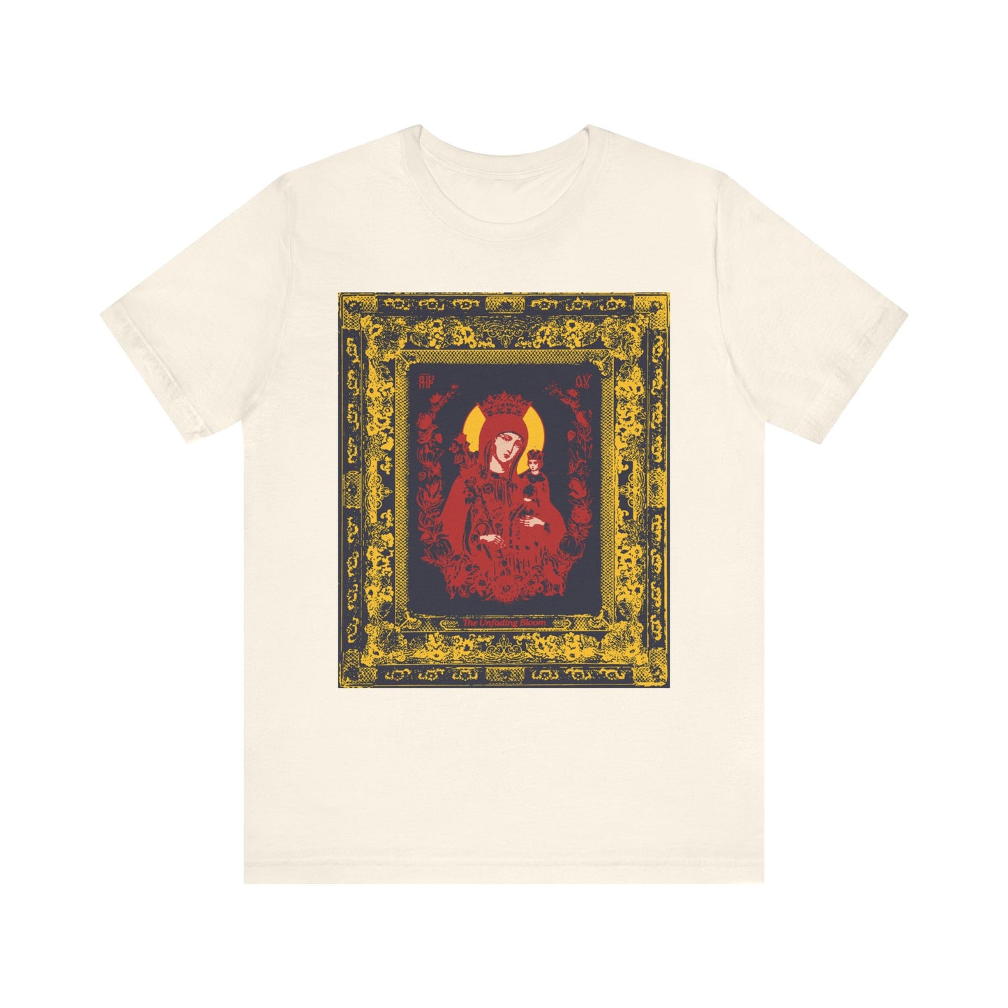 Natural Unfading Bloom Ornate Theotokos Iconographic T-shirt featuring a detailed red and gold illustration of Mary, the Mother of God, portrayed as a crowned woman holding a heart. Crafted from lightweight cotton in a unisex fit, perfect for Orthodox Christians.