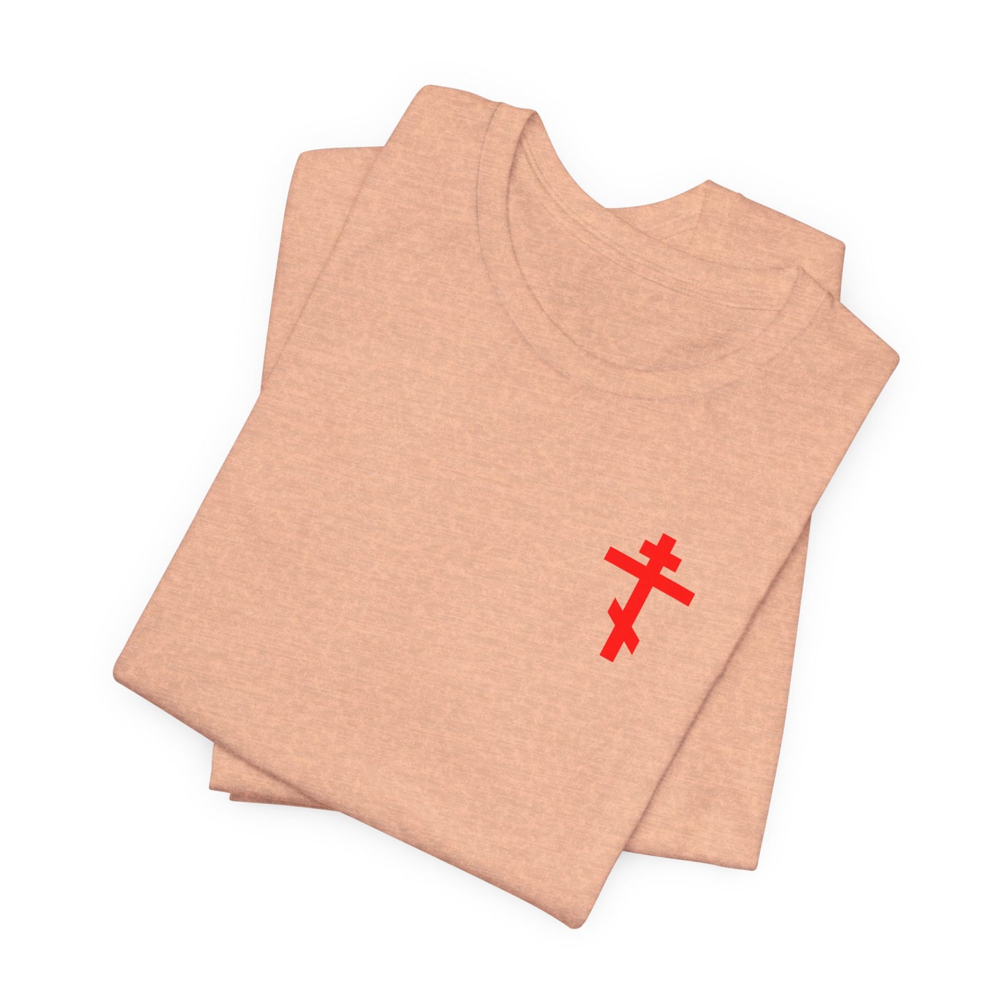 Two folded heather peach lightweight cotton unisex tees, each featuring a small red cross on the front left breast and the Idoloclast Idol Smasher Hammer BACK design—perfect for inspiring conversations with God or reflecting on the Evangelical Commandments in your everyday Divine Life.