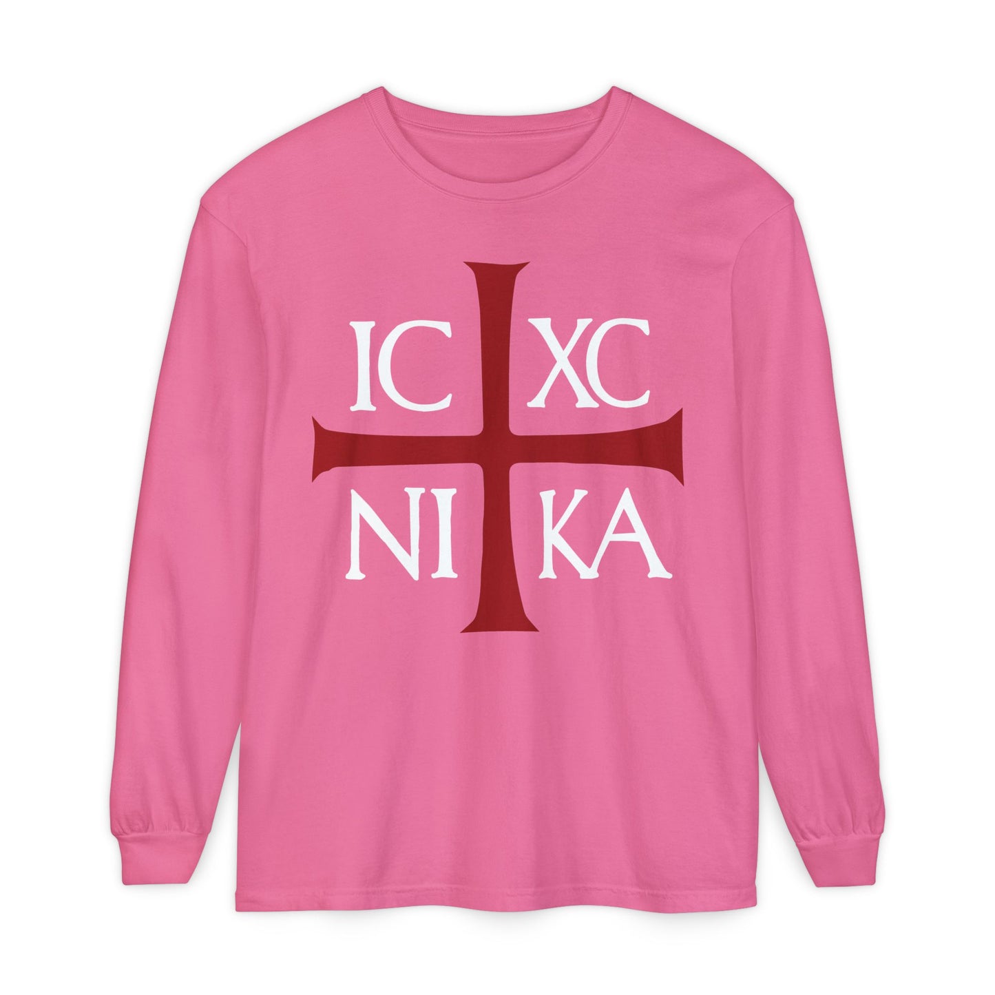 Crunchberry long-sleeve shirt featuring a red cross and white ICXC NIKA Christogram, celebrating Jesus Christ’s victory. Orthodox Christian cotton top with ancient Byzantine design.