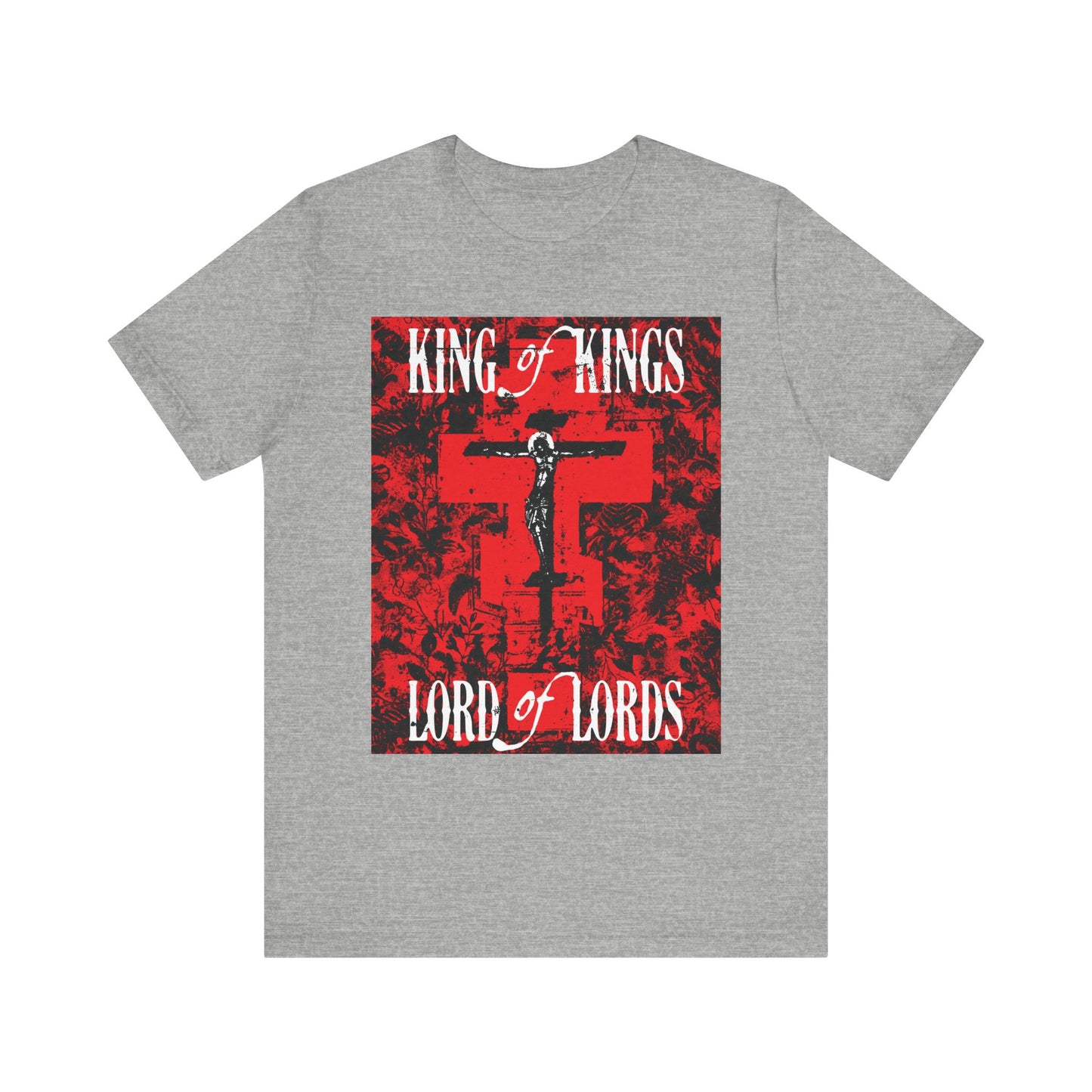 King of Kings, Lord of Lords | Christ Crucified Icono-Graphic | Red Cross Nature Texture w/ White Text | Lightweight Cotton Unisex Tee