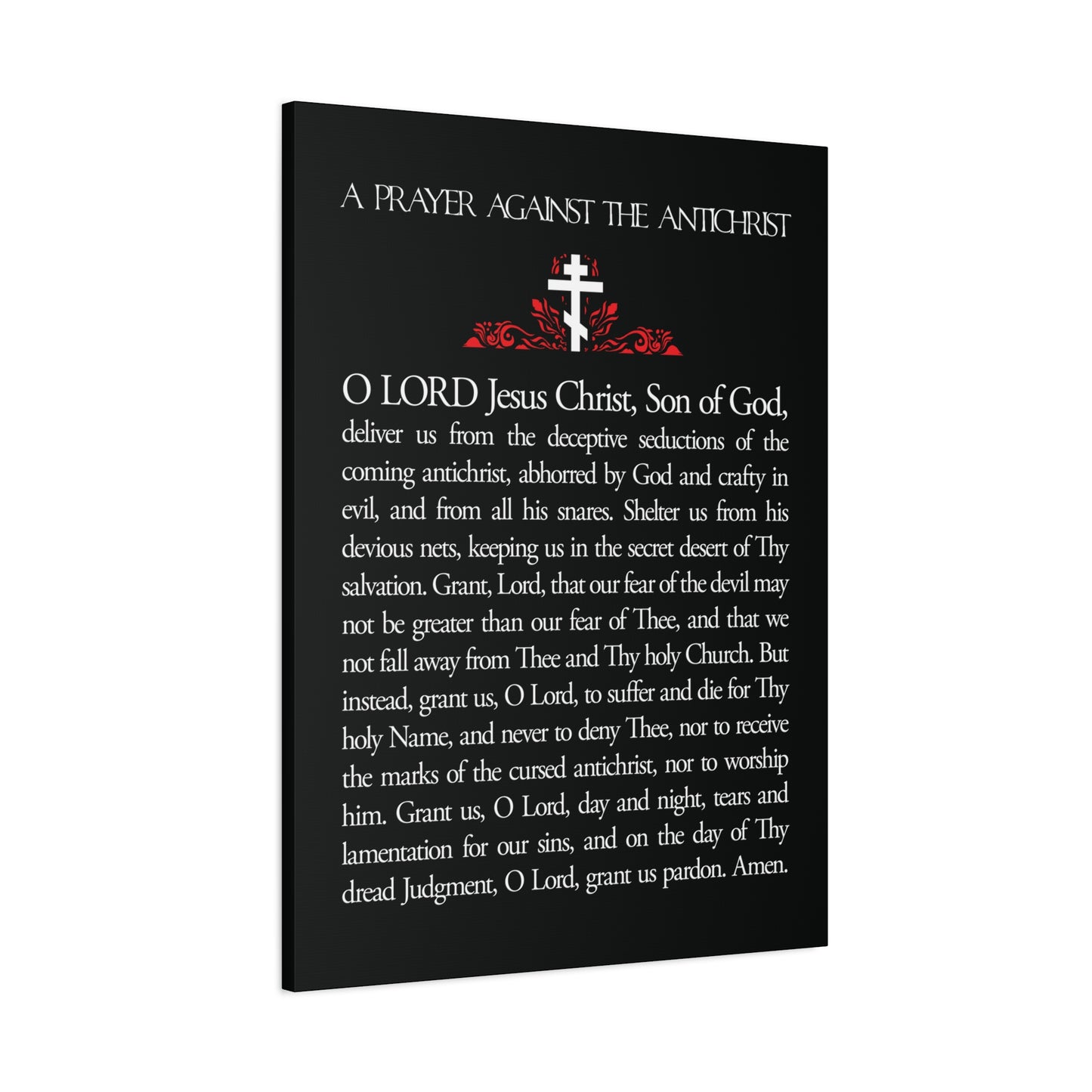 A black canvas displays the "Prayer Against the Antichrist By Elder Anatoly the Younger of Optina" in white and red, featuring Orthodox Christian wall art inspired by Christ is King and the Book of Revelation.