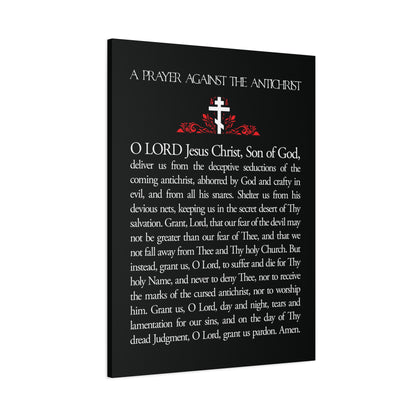 A black canvas displays the "Prayer Against the Antichrist By Elder Anatoly the Younger of Optina" in white and red, featuring Orthodox Christian wall art inspired by Christ is King and the Book of Revelation.