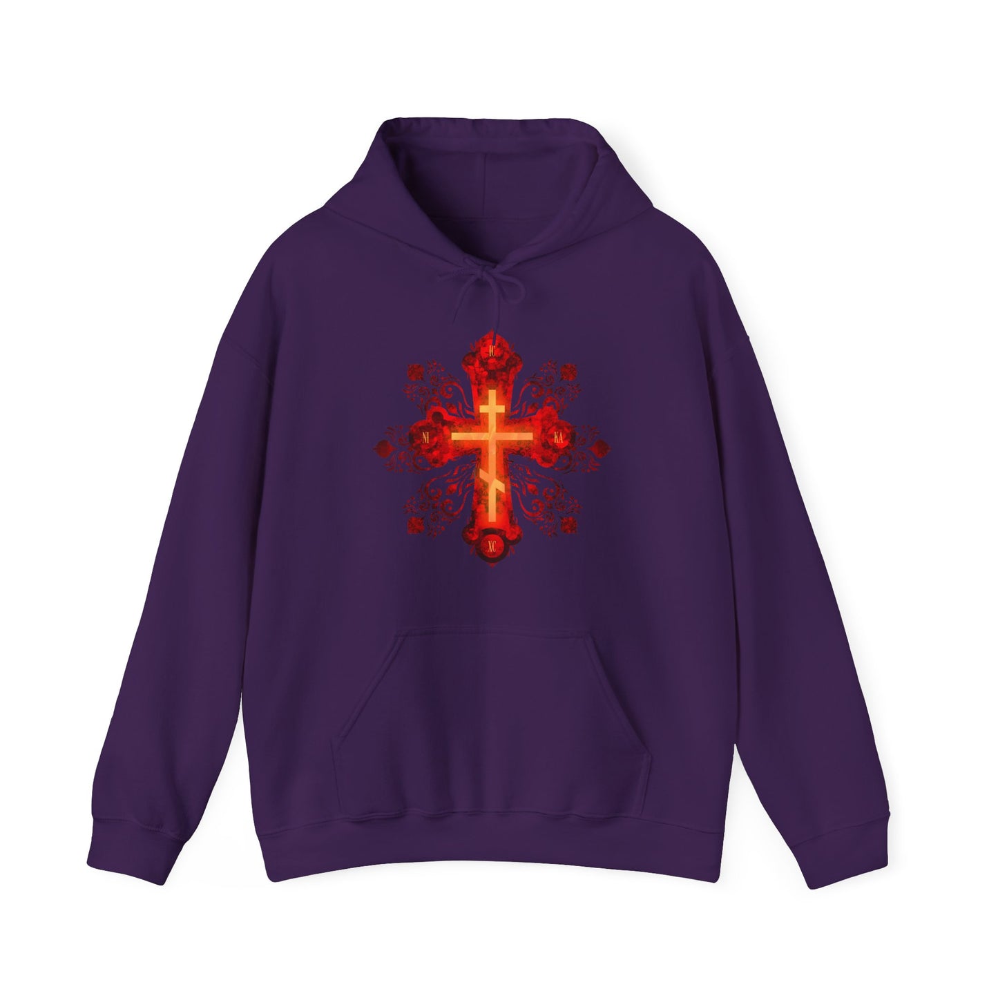 Purple hoodie featuring a red and gold ornate Russian style Orthodox cross with the words "He was pierced for our transgressions," inspired by the Precious & Life-Giving Cross.