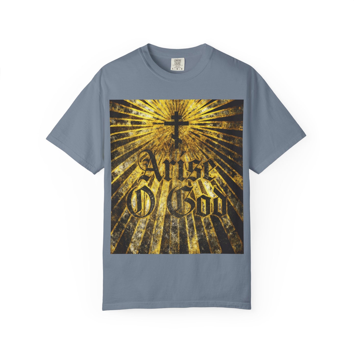 Arise O God | Psalm 81 (82 LXX) | Textured Gothic Font w/ Orthodox Cross & Golden Rays | Divine Council | Heavyweight Cotton Unisex T-Shirt