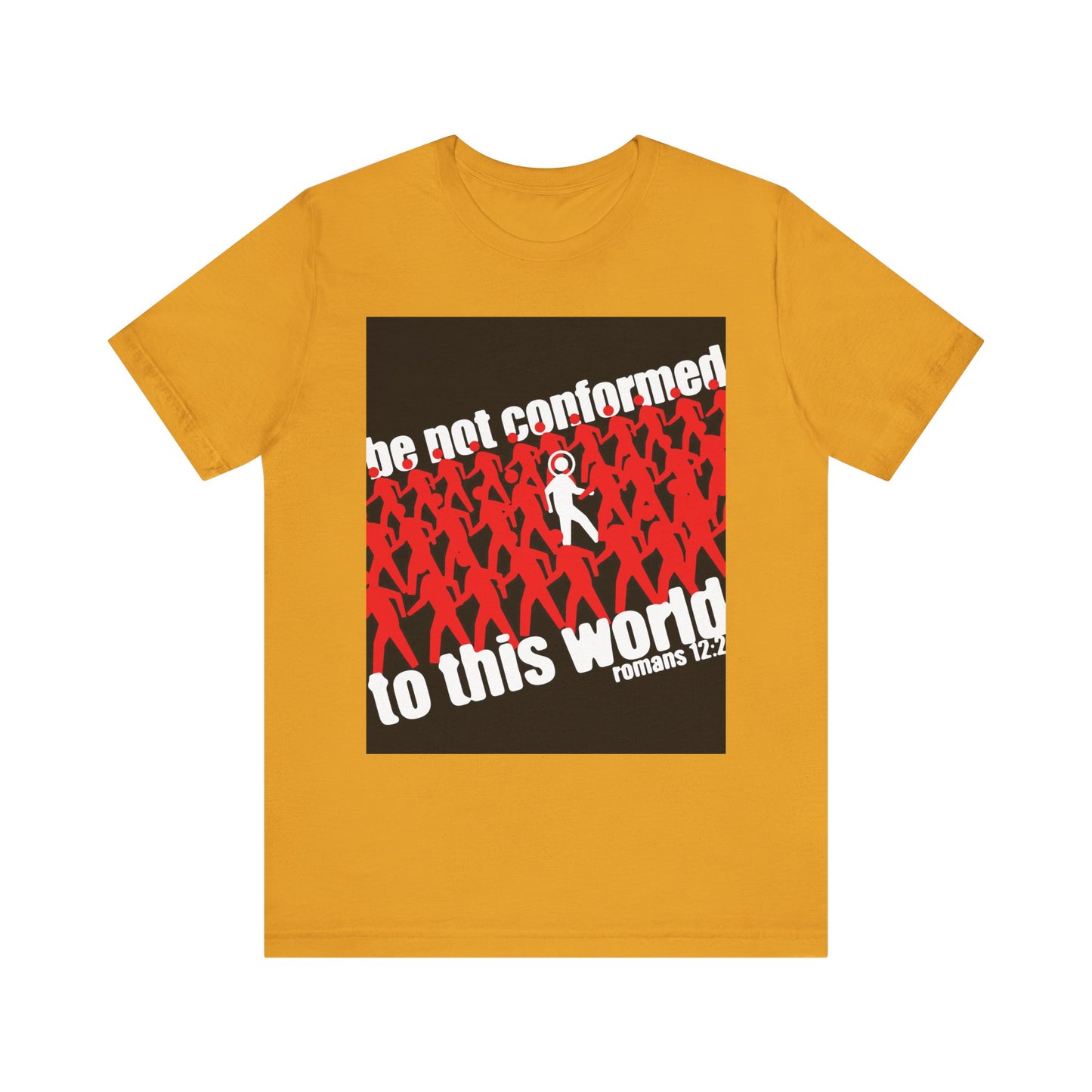 Mustard “Be Not Conformed to This World (Romans 12:2)” Orthodox Christian tee featuring red and white figures with Romans 12:2—reminding you to reject the modern world and renew your mind, as taught in scripture. Lightweight unisex cotton.