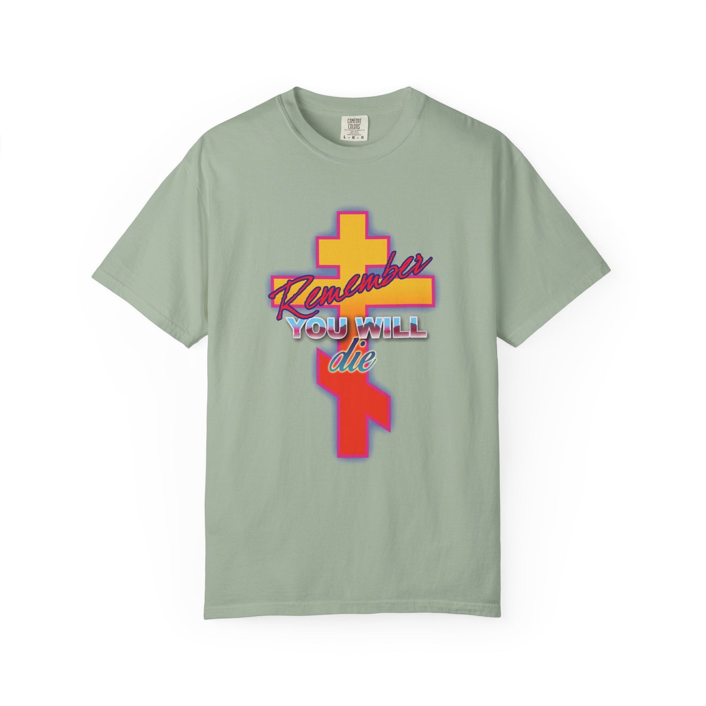 Remember You Will Die 80s Design | Glowing Synthwave Retro Orthodox Cross | Precious Life-Giving Cross | Heavyweight Cotton Unisex T-Shirt