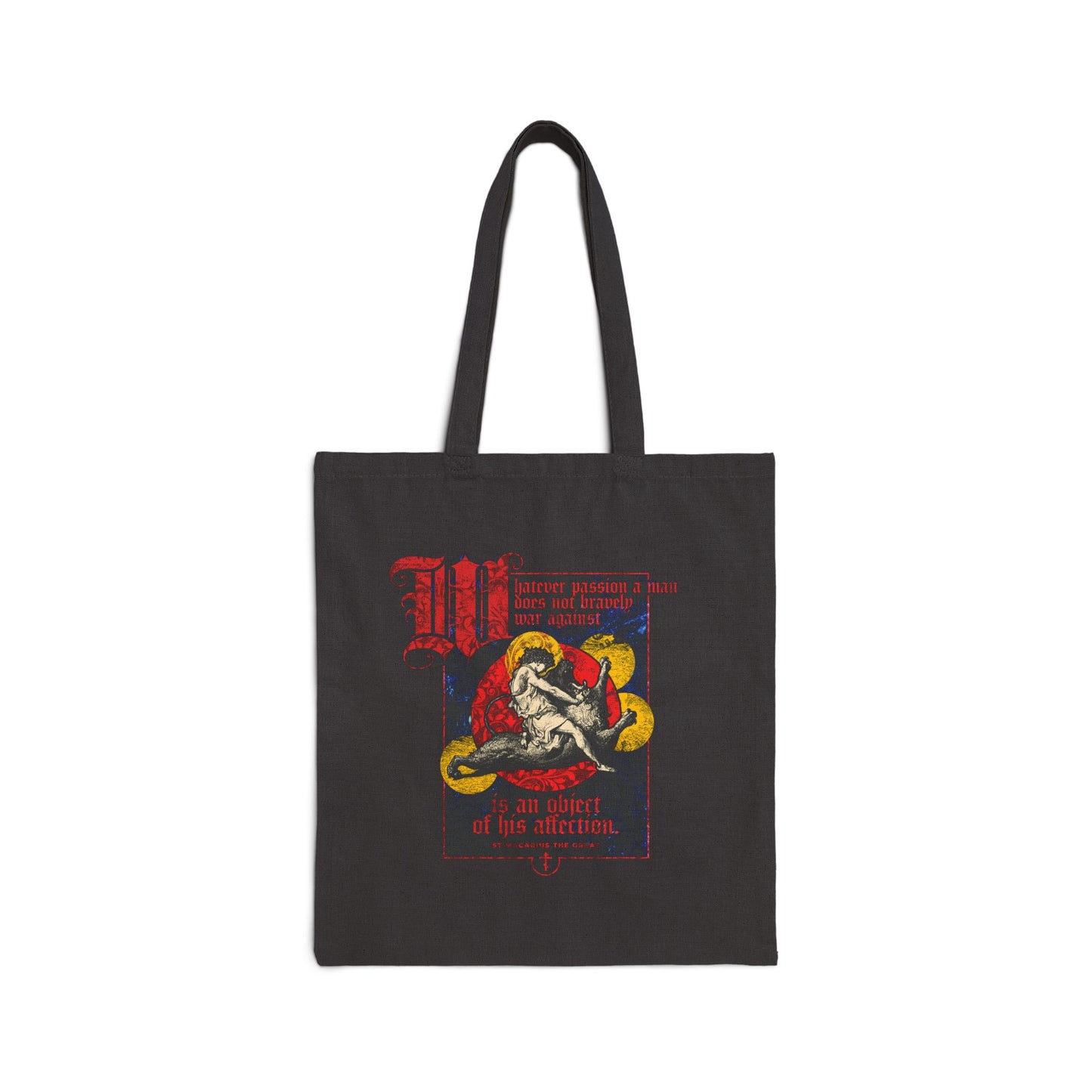 Carry your essentials in this black cotton tote bag featuring Gustav Dore’s "Samson Slaying Lion" and St. Macarius’ quote, accented with ornate red and yellow gothic-style text—an Orthodox Christian statement of courage and faith.