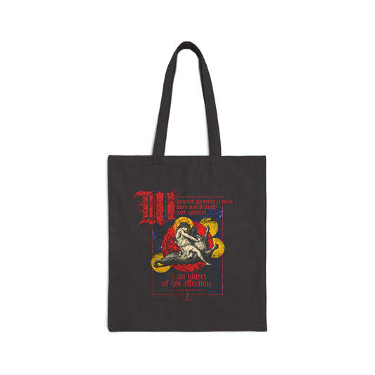 Carry your essentials in this black cotton tote bag featuring Gustav Dore’s "Samson Slaying Lion" and St. Macarius’ quote, accented with ornate red and yellow gothic-style text—an Orthodox Christian statement of courage and faith.