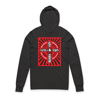 Red ICXC NIKA Enniskillen Celtic Cross | Lorica of St. Patrick | Shield Prayer | Orthodox Christian Long Sleeve Hooded Shirt
