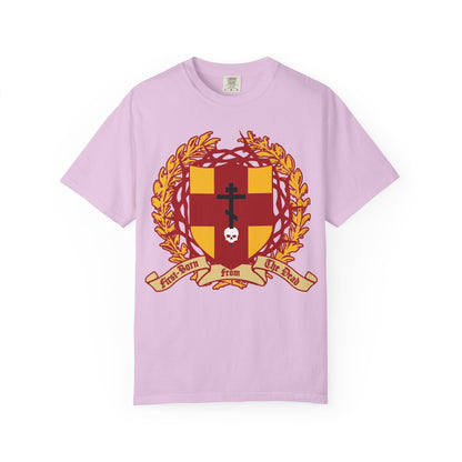 Orchid-colored “First-Born from the Dead (Col 1:18)” heavyweight cotton unisex t-shirt, featuring a heraldic shield with an Orthodox cross piercing a skull, crown of thorns detailing, and a banner referencing redemption through His blood—a striking design inspired by biblical themes.